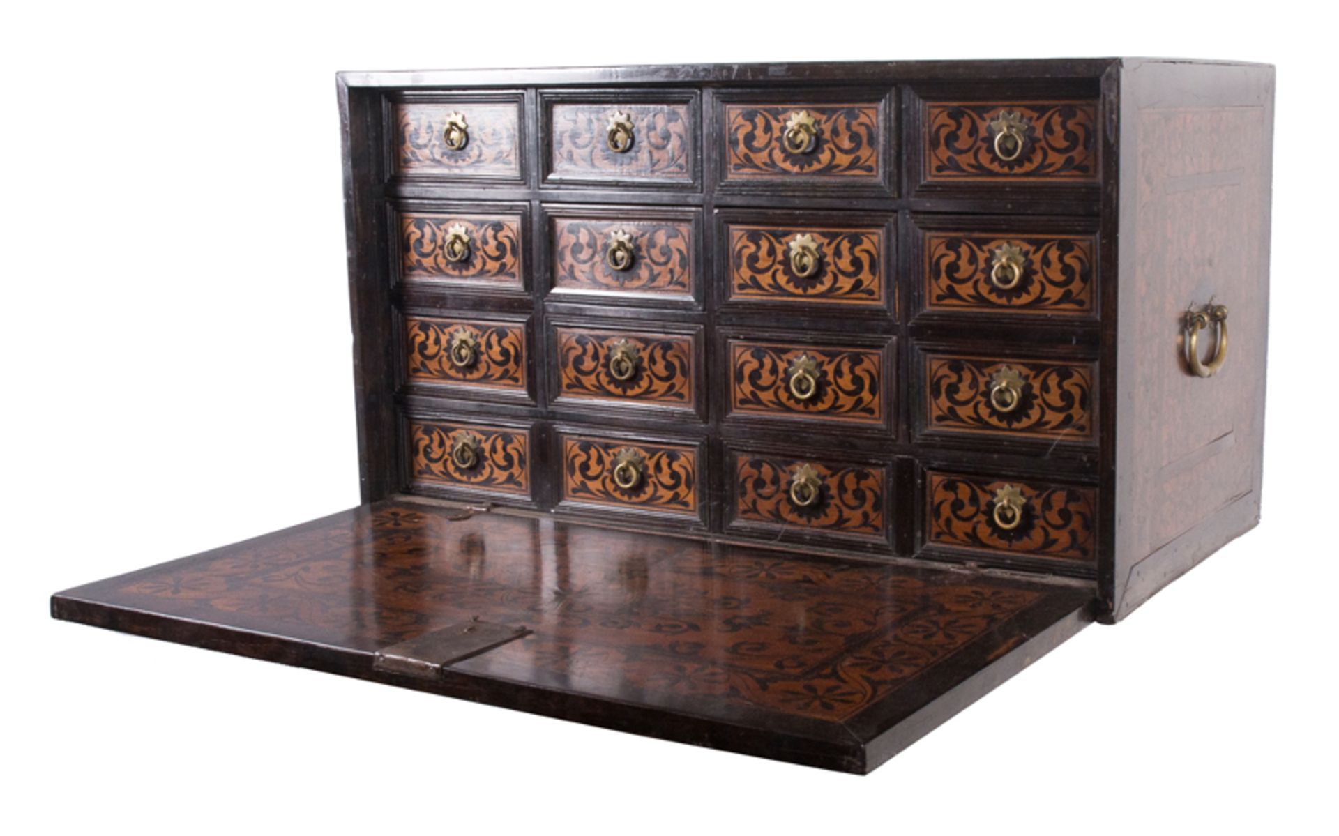 Teak, ebony and exotic wooden cabinet with bronze applications.  Indo-Portuguese. Goa. 17th century. - Image 3 of 5