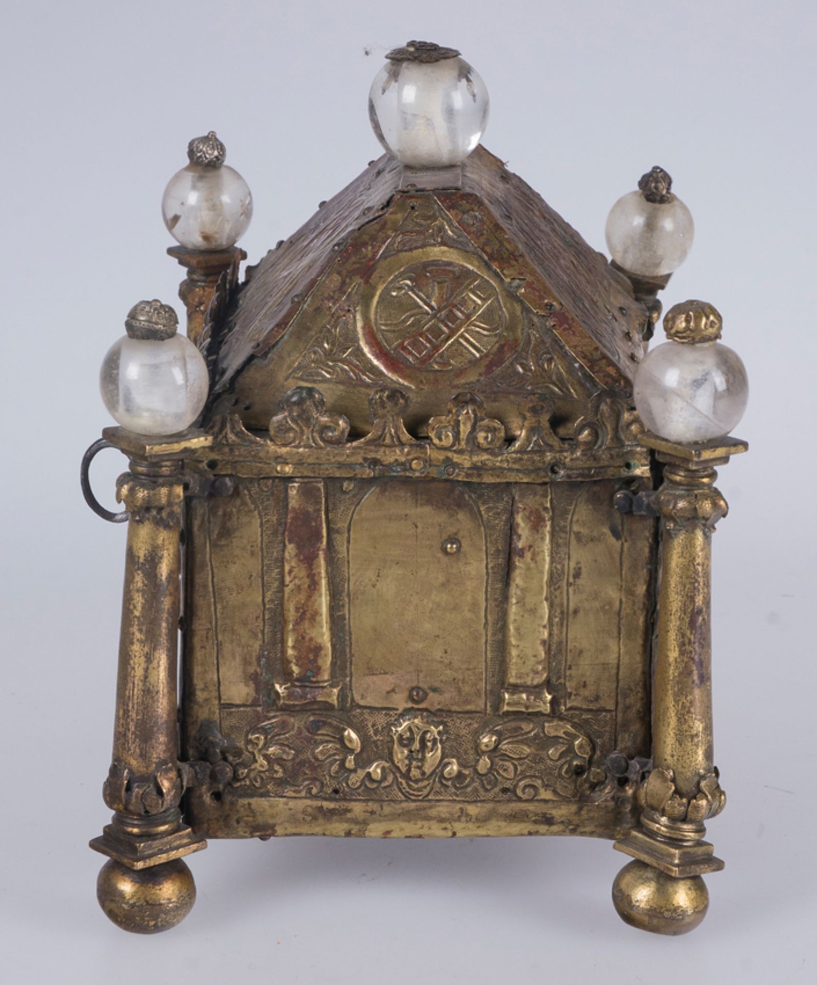 Reliquary chest in gilded copper with silver applications and rock crystal spheres. Italy. Possibly - Image 7 of 12