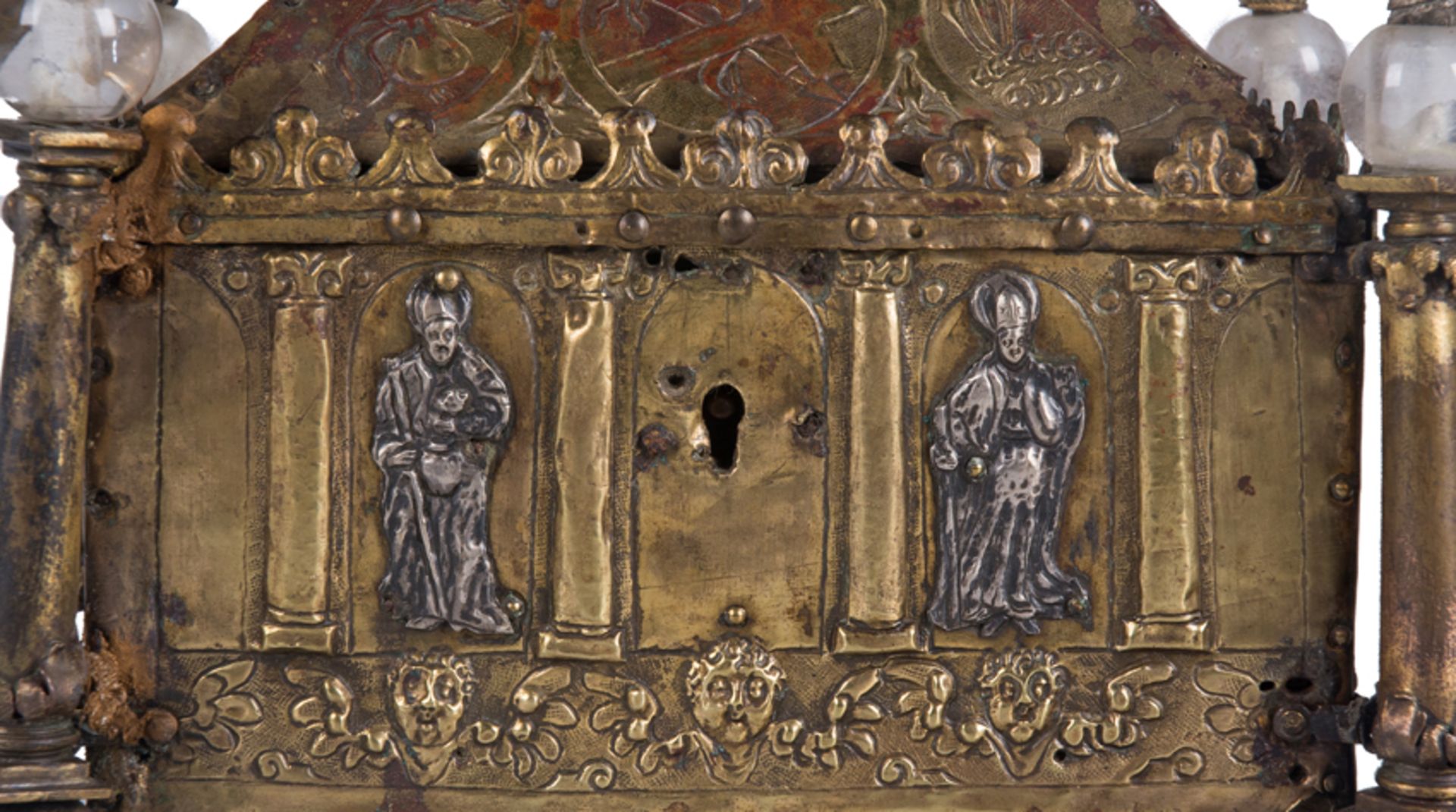 Reliquary chest in gilded copper with silver applications and rock crystal spheres. Italy. Possibly - Image 12 of 12