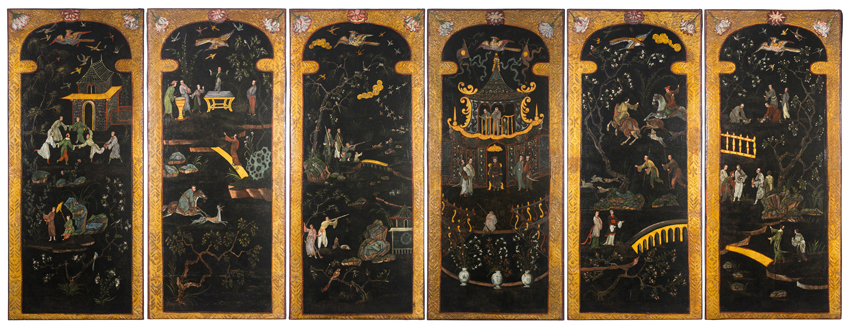 Set of six marvellous screen panels. Colonial School. Mexico. Early 18th century.