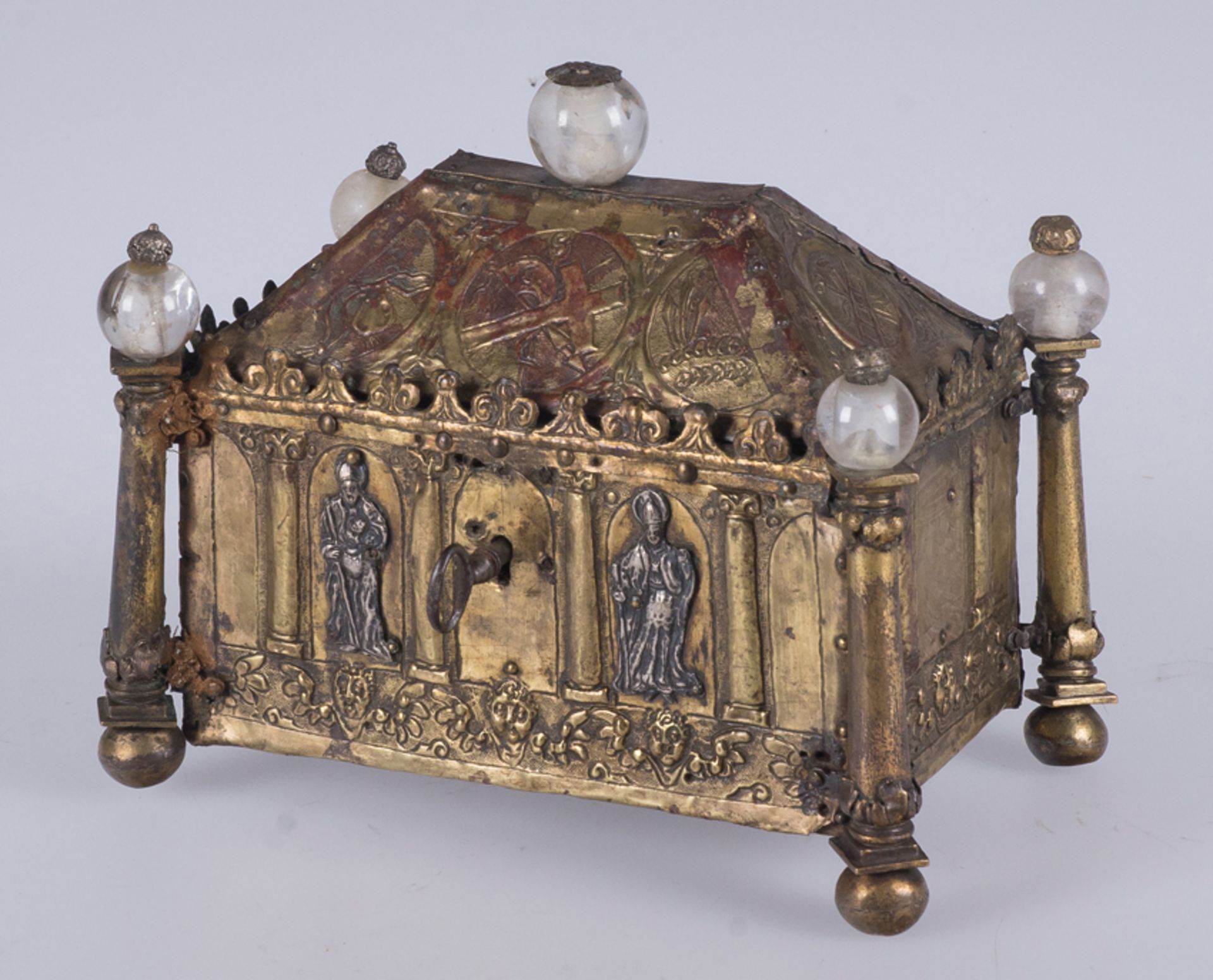 Reliquary chest in gilded copper with silver applications and rock crystal spheres. Italy. Possibly - Image 3 of 12
