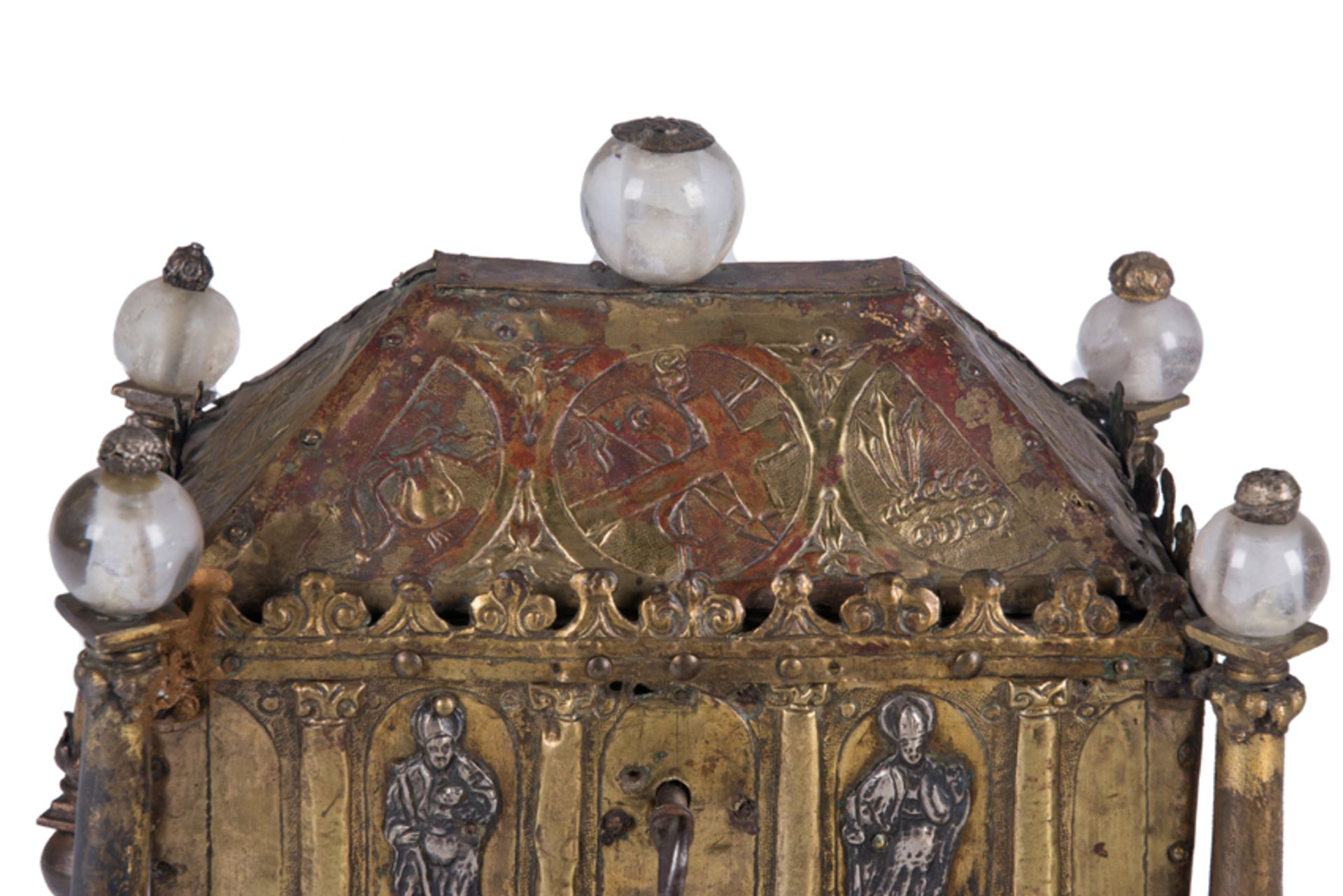 Reliquary chest in gilded copper with silver applications and rock crystal spheres. Italy. Possibly - Image 5 of 12