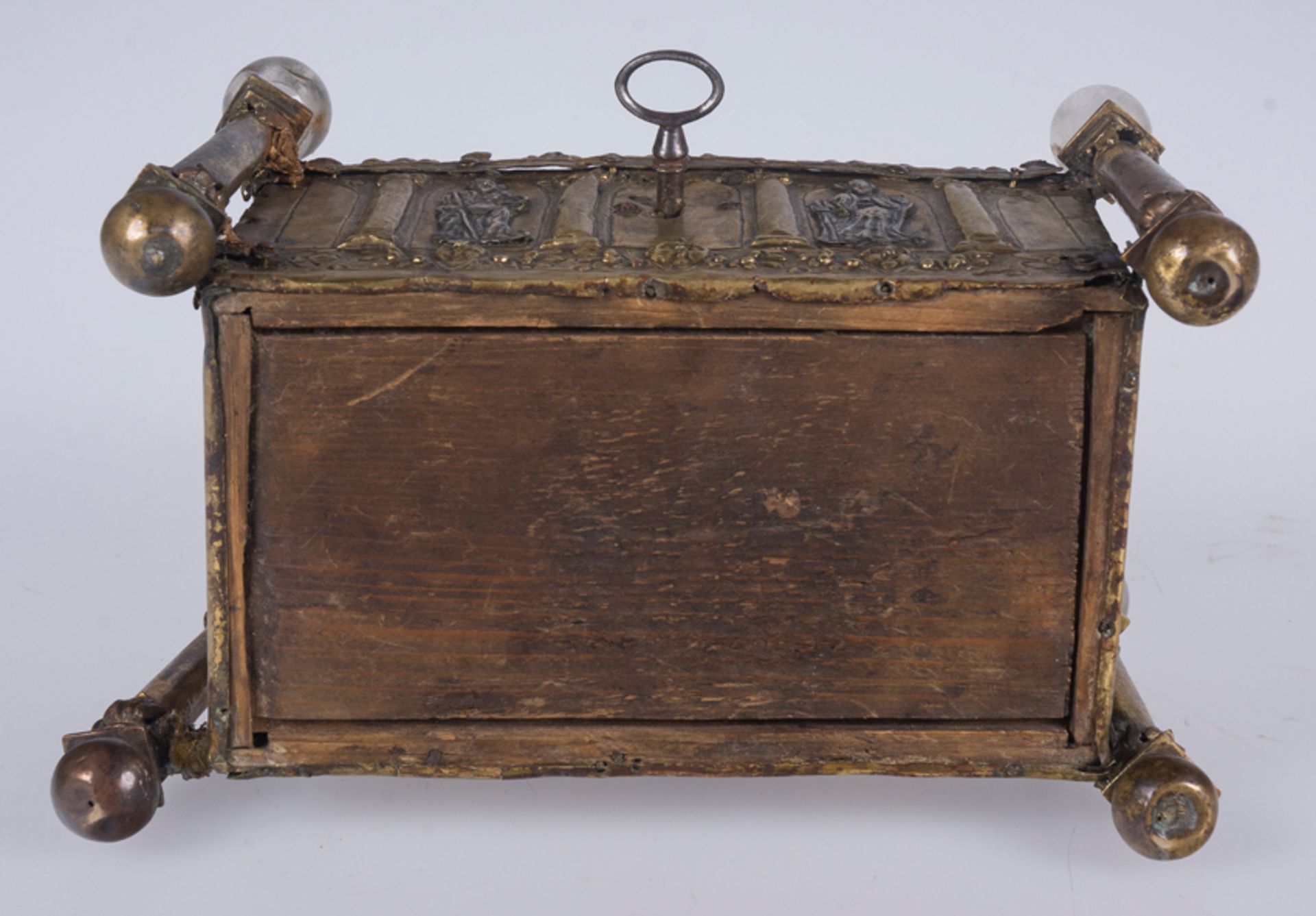 Reliquary chest in gilded copper with silver applications and rock crystal spheres. Italy. Possibly - Image 11 of 12