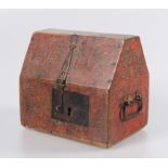 Carved and polychromed wooden chest with gilded, wrought iron fittings. Early Circa 1500.