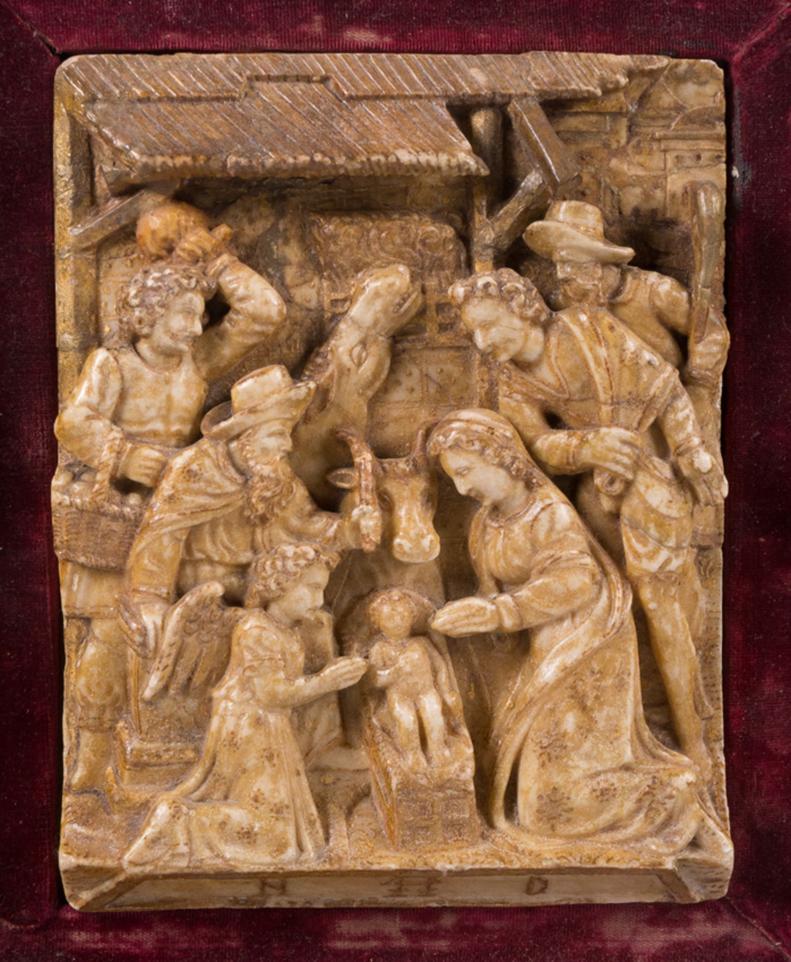 "The adoration of the shepherds". Alabaster relief with gild residue. Flemish School. 16th century.