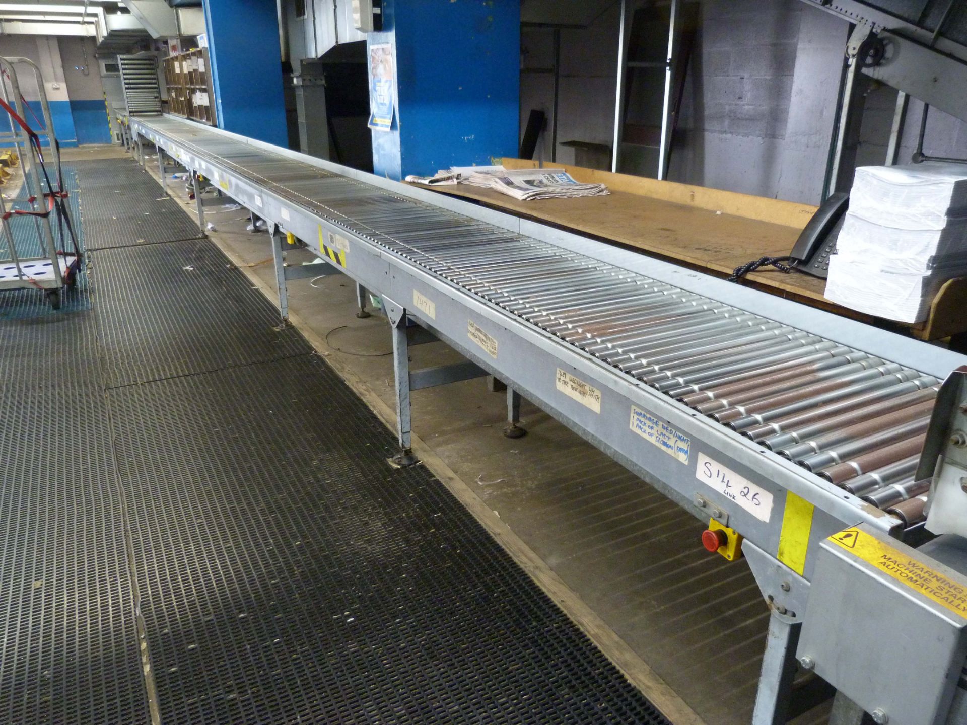 Powered Roller Conveyor with lift up pass through 14.9m x 585 wide
