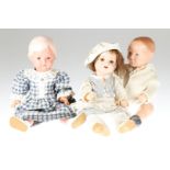 3 Puppen, Schildkröt Erika, 56 cm, Schildkröt Mädchen mit Massekörper, gemarkt 48, Kopf besch. und