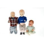 3 Celluloid-Puppen, u.a. Cellba, 1 Körper nicht ganz stimmig, 1 Puppe etwas ausgeblichen, Abriebe, H