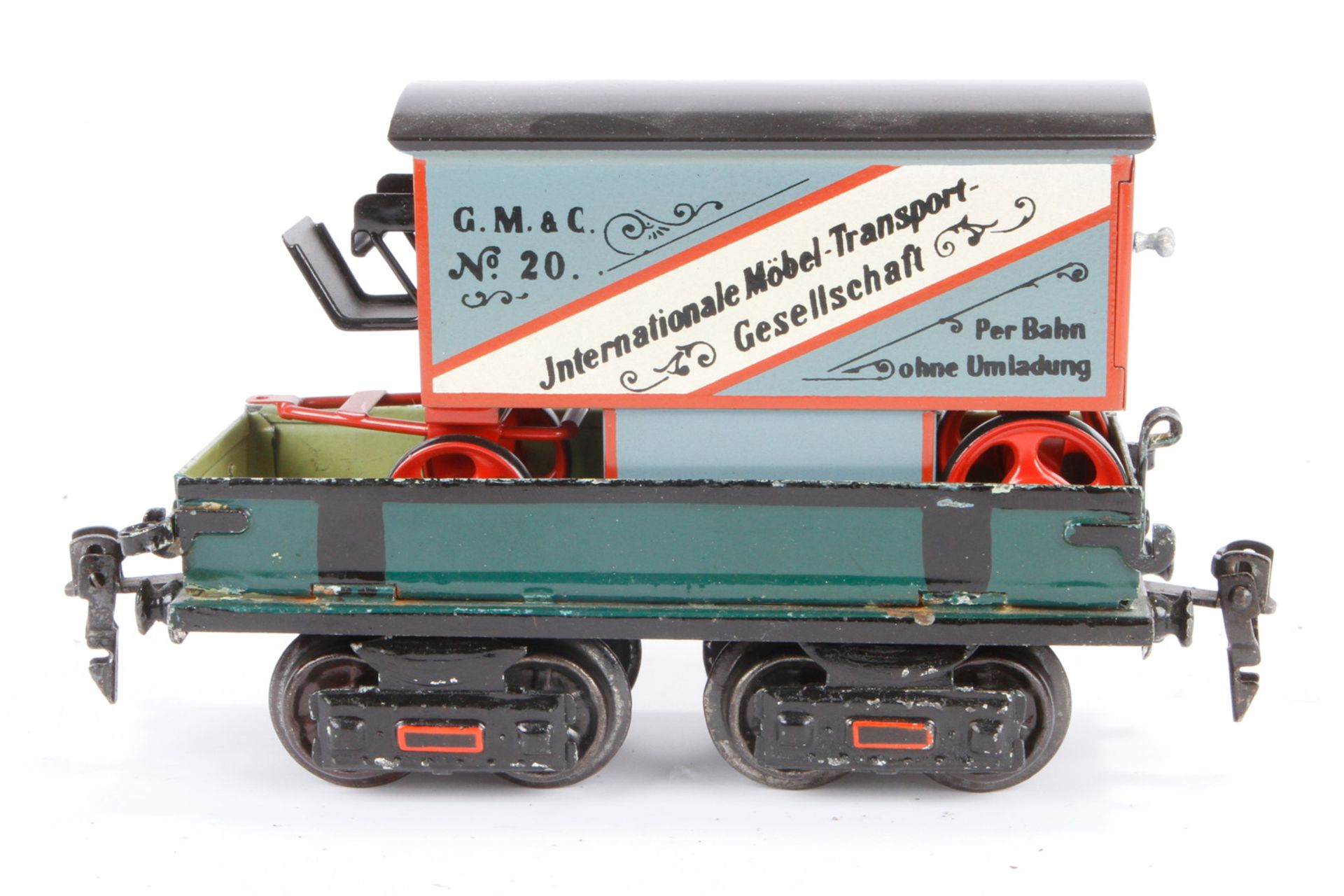 Märklin Transportwagen 1877, Spur 0, 4A, HL, uralt, Bordwände abklappbar, mit NB-Möbelwagen, ohne