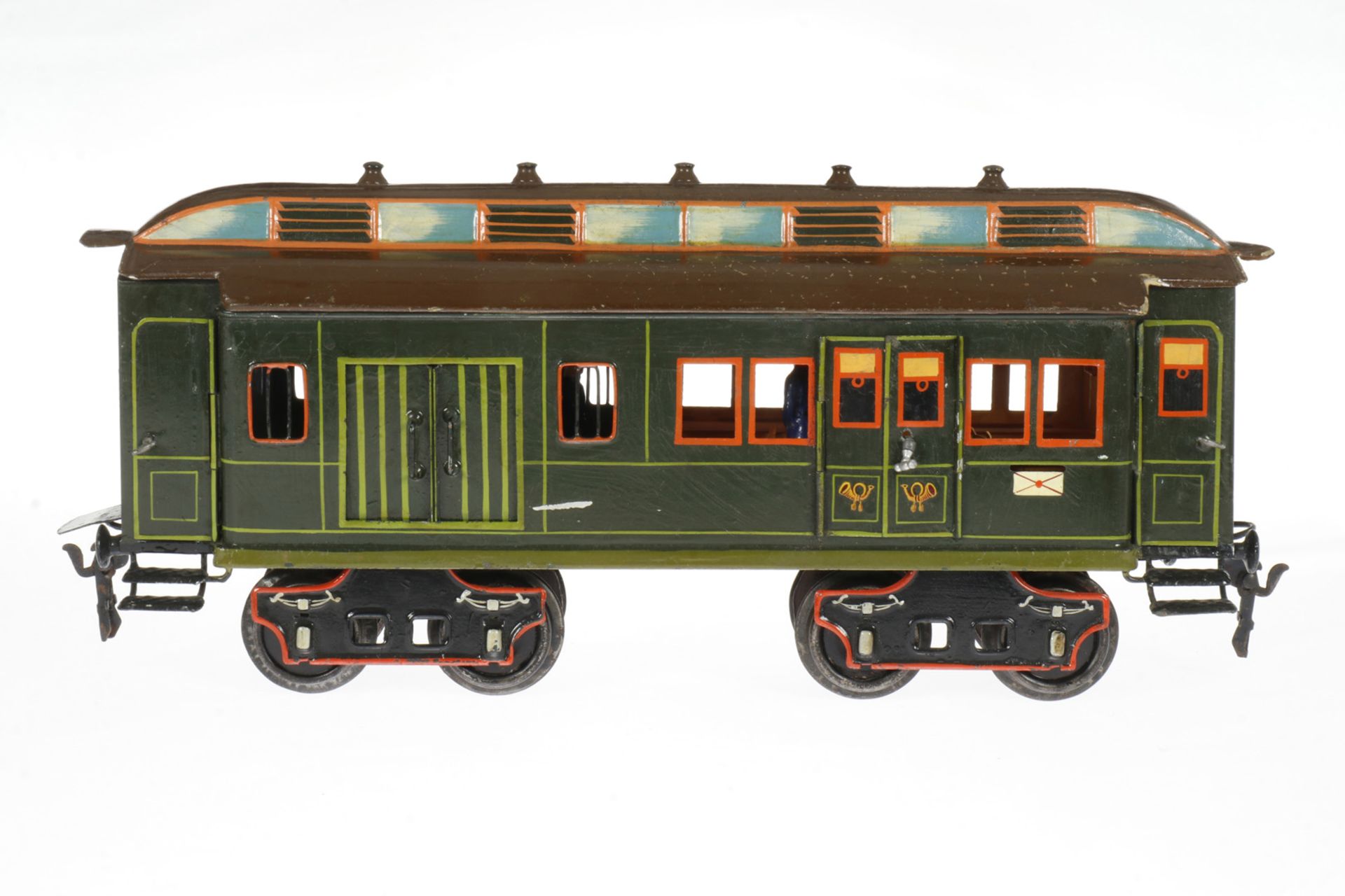 Märklin Post-/Gepäckwagen 1844, Spur 2 (54 mm), uralt, grün HL, mit Inneneinrichtung und 2