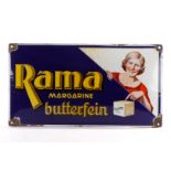 ”Rama Margarine butterfein” Emailleschild, uralt, gewölbt, Rostpunkte auf Rückseite, 4 Ecken Emaille