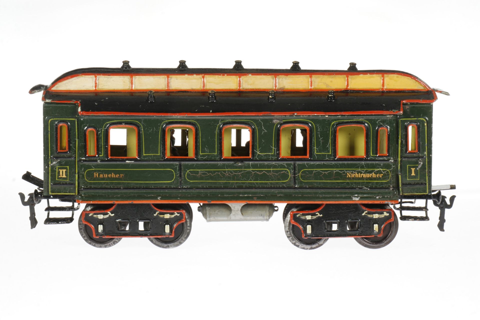 Märklin Personenwagen 1841, Spur 2 (54 mm), uralt, grün HL, mit Inneneinrichtung und 9