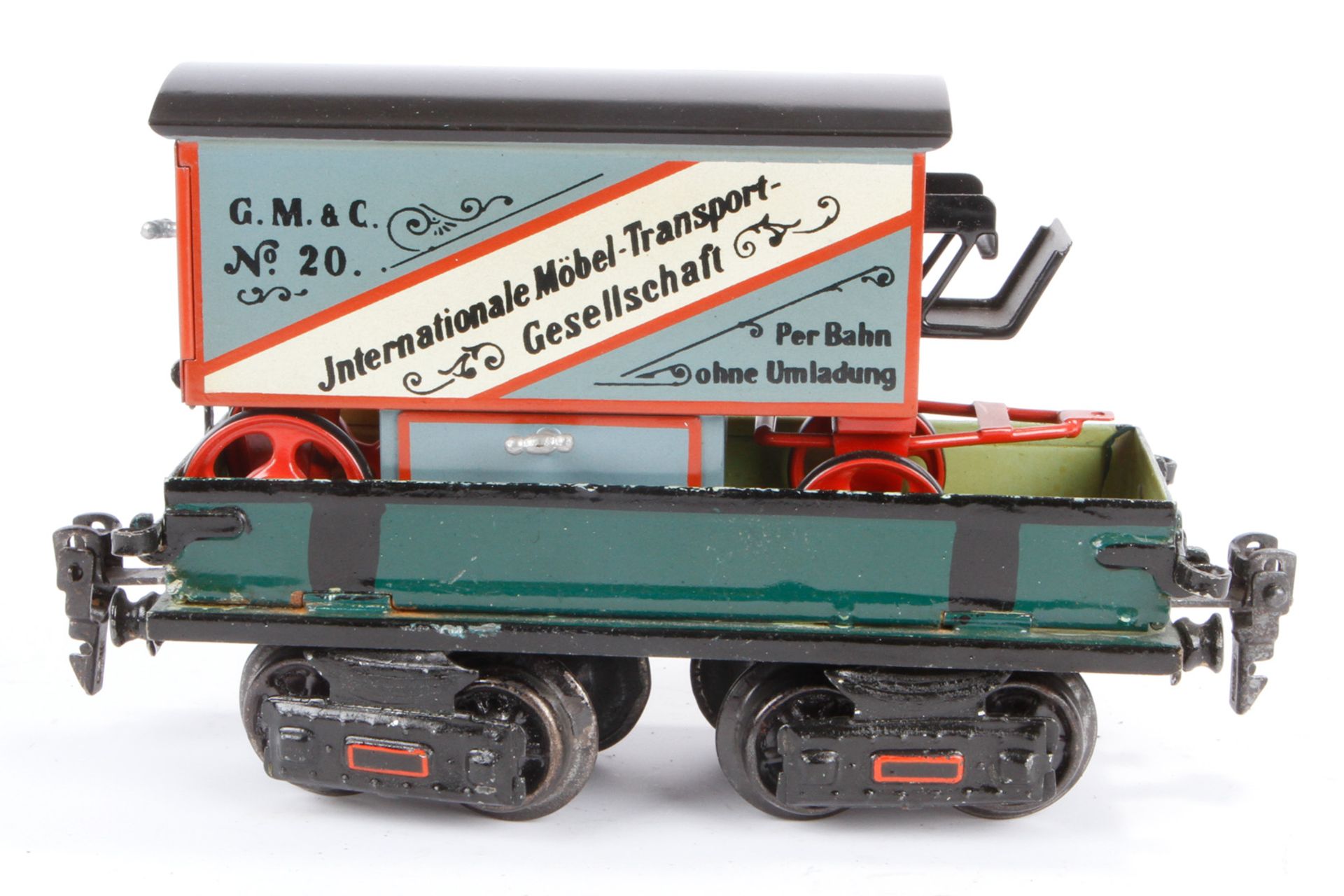 Märklin Transportwagen 1877, Spur 0, 4A, HL, uralt, Bordwände abklappbar, mit NB-Möbelwagen, ohne - Bild 4 aus 5