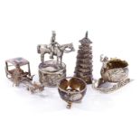 5 Silber-Nippes, Schlitten, Kutsche, Pferd mit Reiter, Münzschälchen, Pagodendöschen, L 5-8 cm