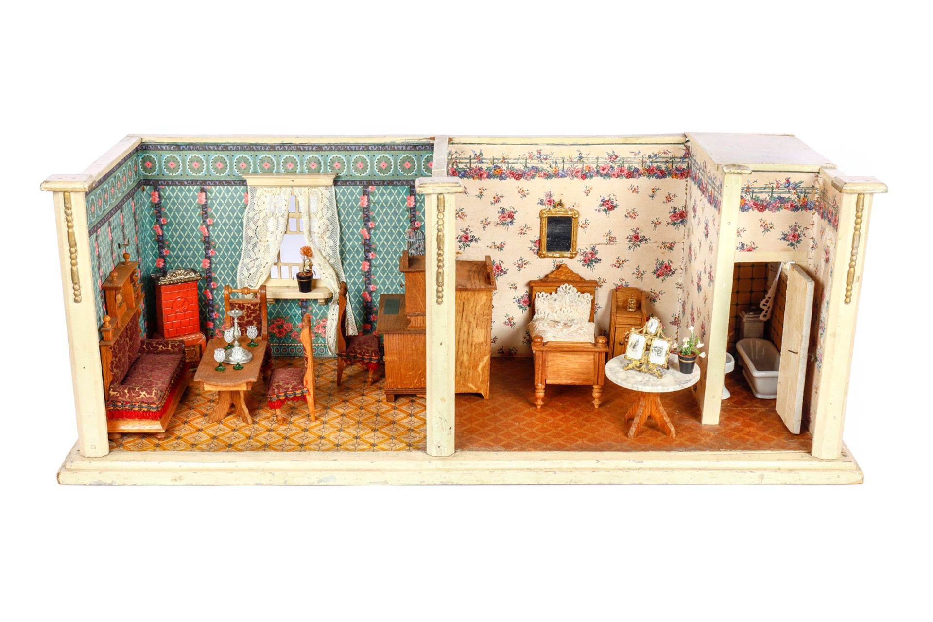 Schöne GOTTSCHALK Puppenstube um 1910, Originalbemalung und Originaltapeten, Salon, Schlafzimmer und