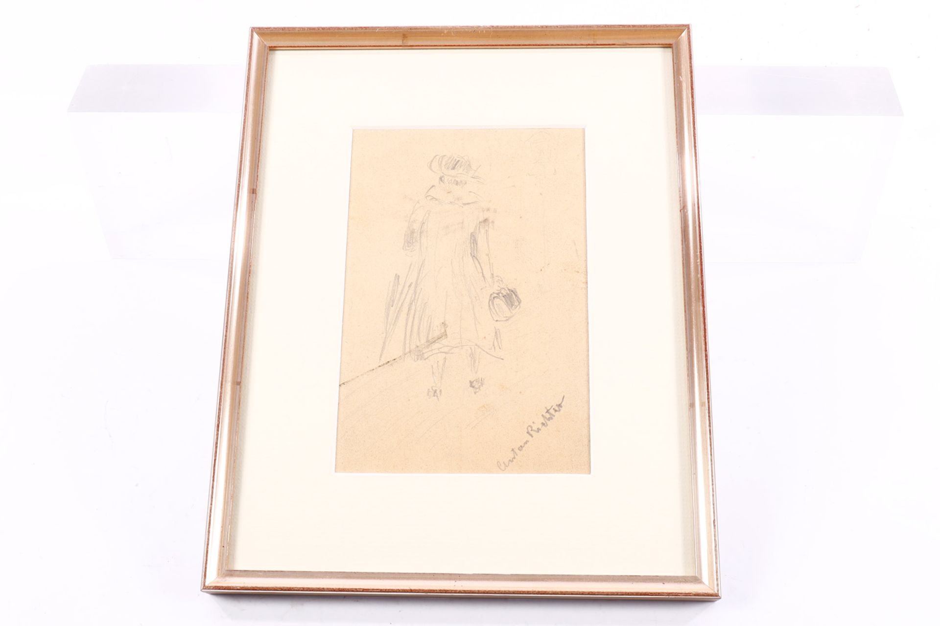 Anton Richter (1900-1962), Dame beim Spaziergang, Bleistiftzeichnung, signiert, gerahmt,