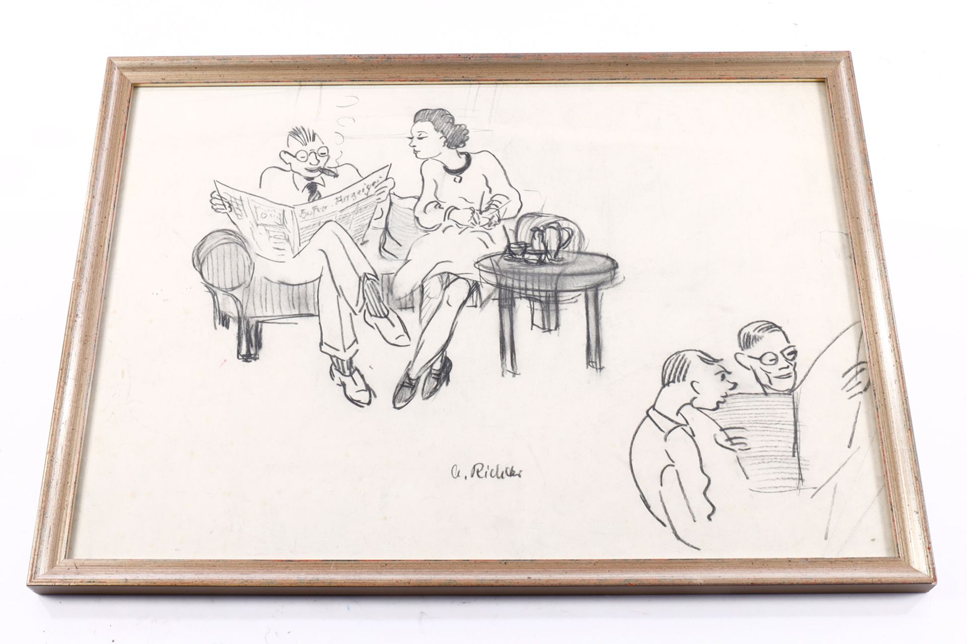 Anton Richter (1900-1962), Zeichnung mit Zeitungslesern, signiert, gerahmt, Gesamtmaße 32 x 43,5 cm
