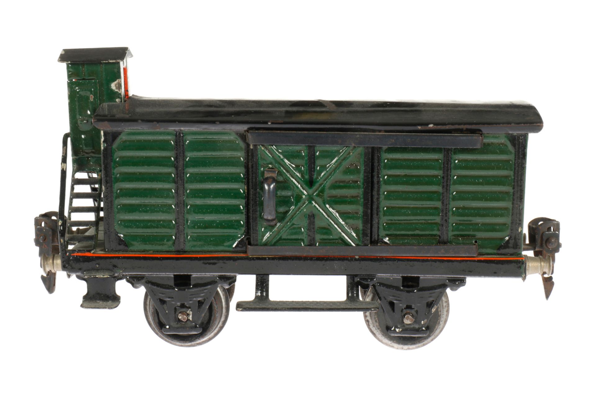 Märklin gedeckter Güterwagen 1929 B, S 0, grün HL, 2 ST, Bremserhaus hochstehend, Alterungsspuren,