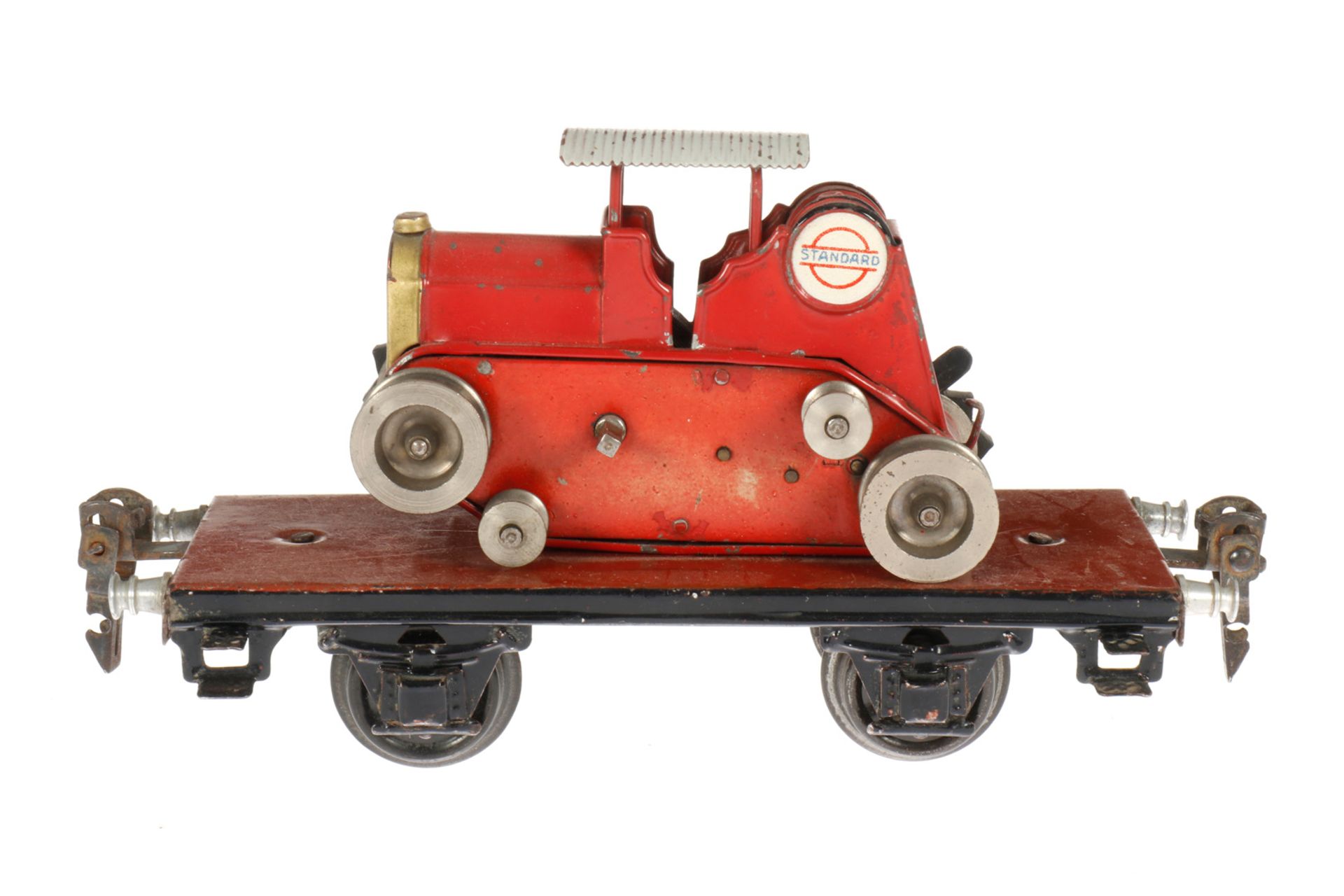 Märklin Plattformwagen mit Raupenschlepper 1709, S 0, handlackiert, Uhrwerk intakt, eine