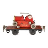 Märklin Plattformwagen mit Raupenschlepper 1709, S 0, handlackiert, Uhrwerk intakt, eine