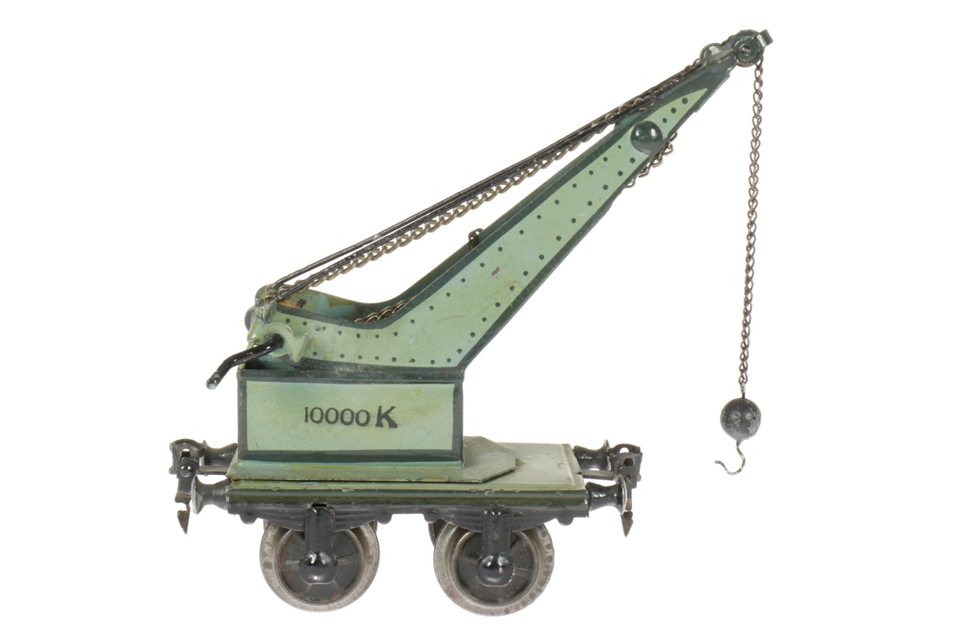 Märklin Kranwagen 1858, S 1, uralt, handlackiert, mit Kette und Kugelhaken, leichte Alterungs- und