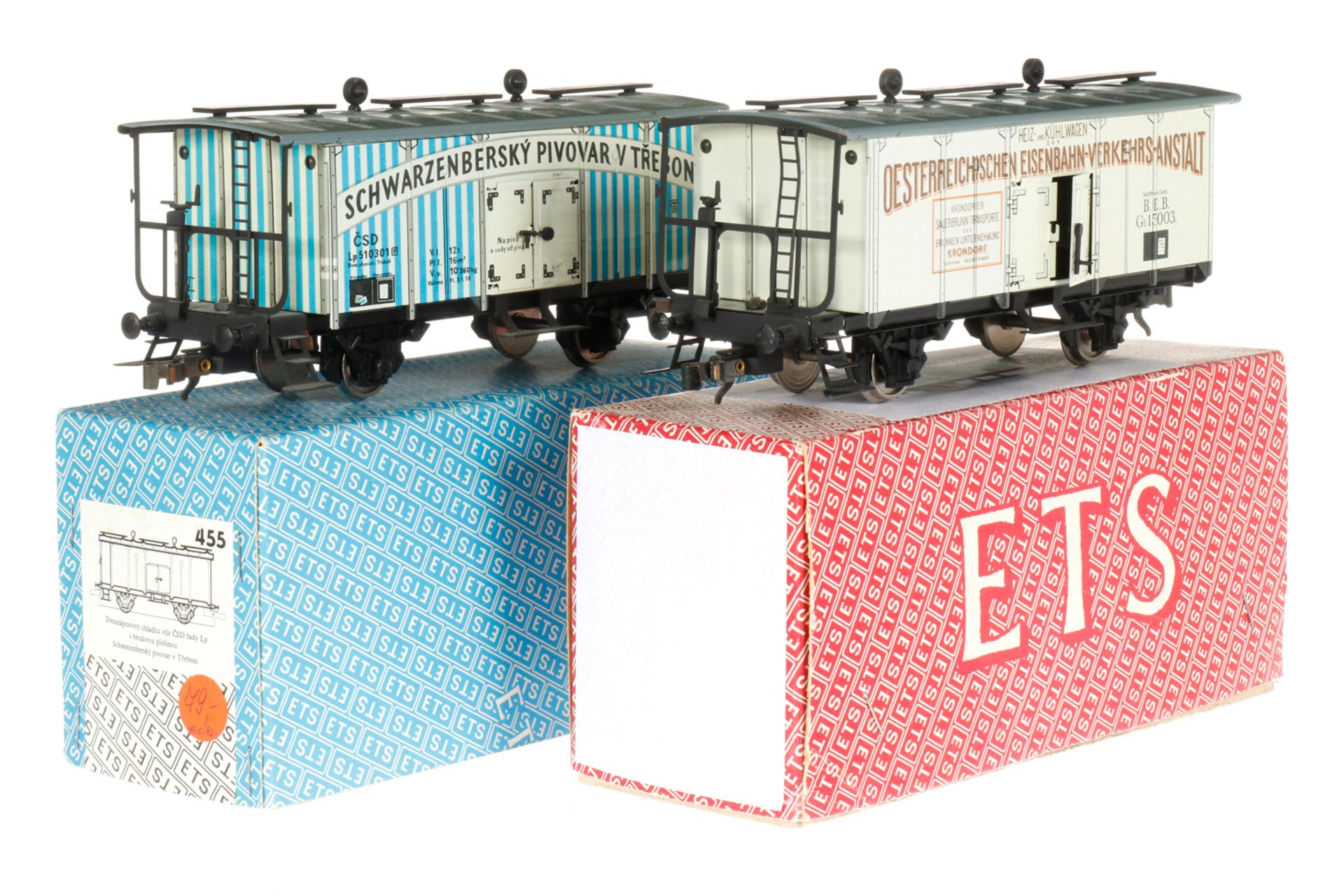 2 ETS Spur-0-Wagen, Bierwagen 455 und Heiz- und Kühlwagen 15003, L 21,5, Originalkarton, Z 1-2