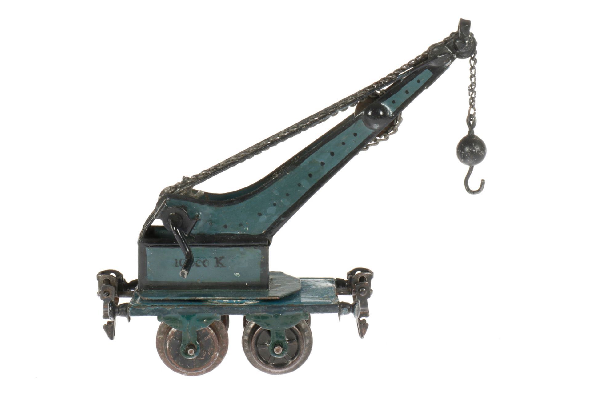 Märklin Kranwagen 1858, S 0, uralt, handlackiert, mit Kette und Kugelhaken, teilweise ausgebessert