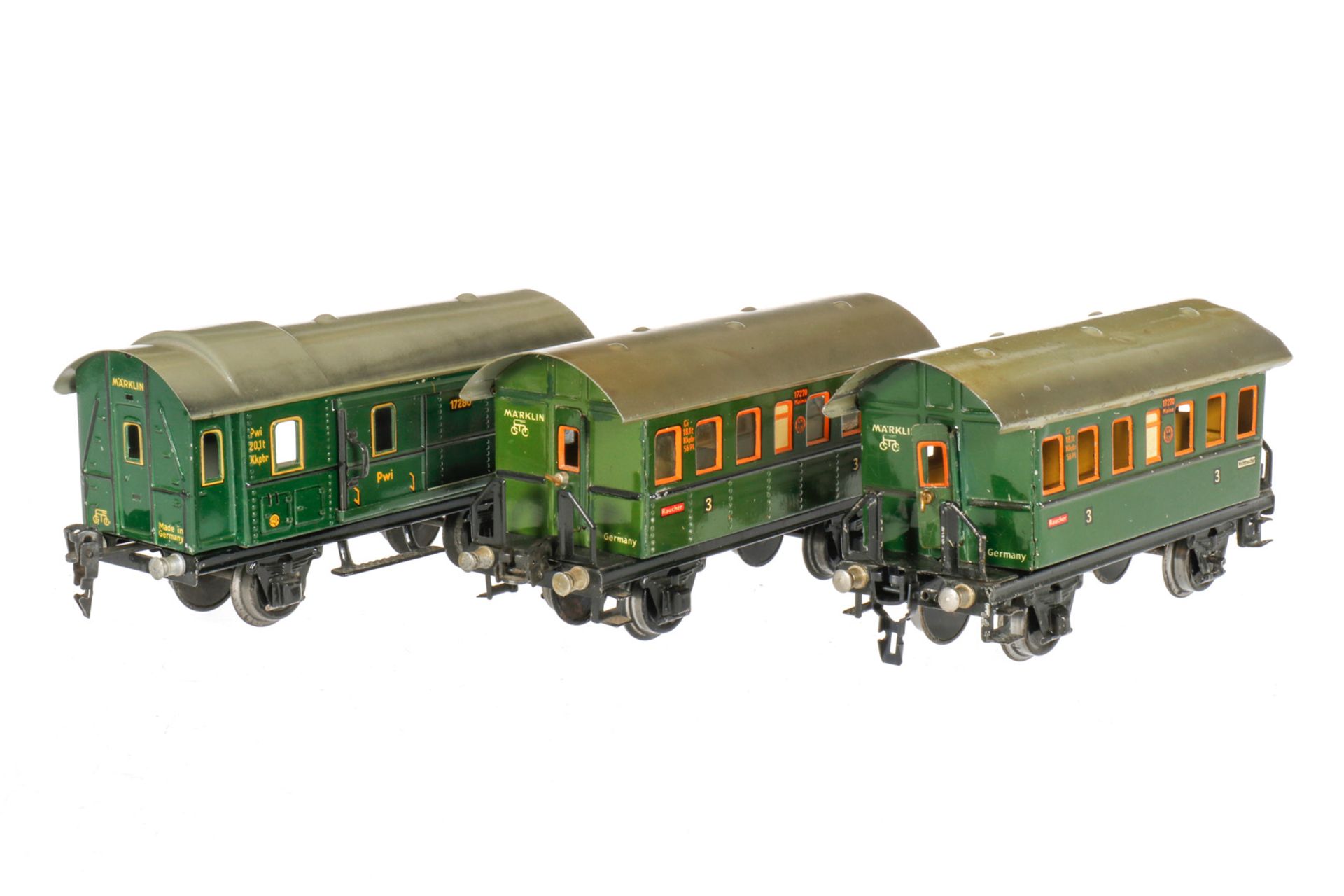 3 Märklin Spur-0-Wagen, Gepäckwagen 1728, Personenwagen 1727, mit Replik-Inneneinrichtung und