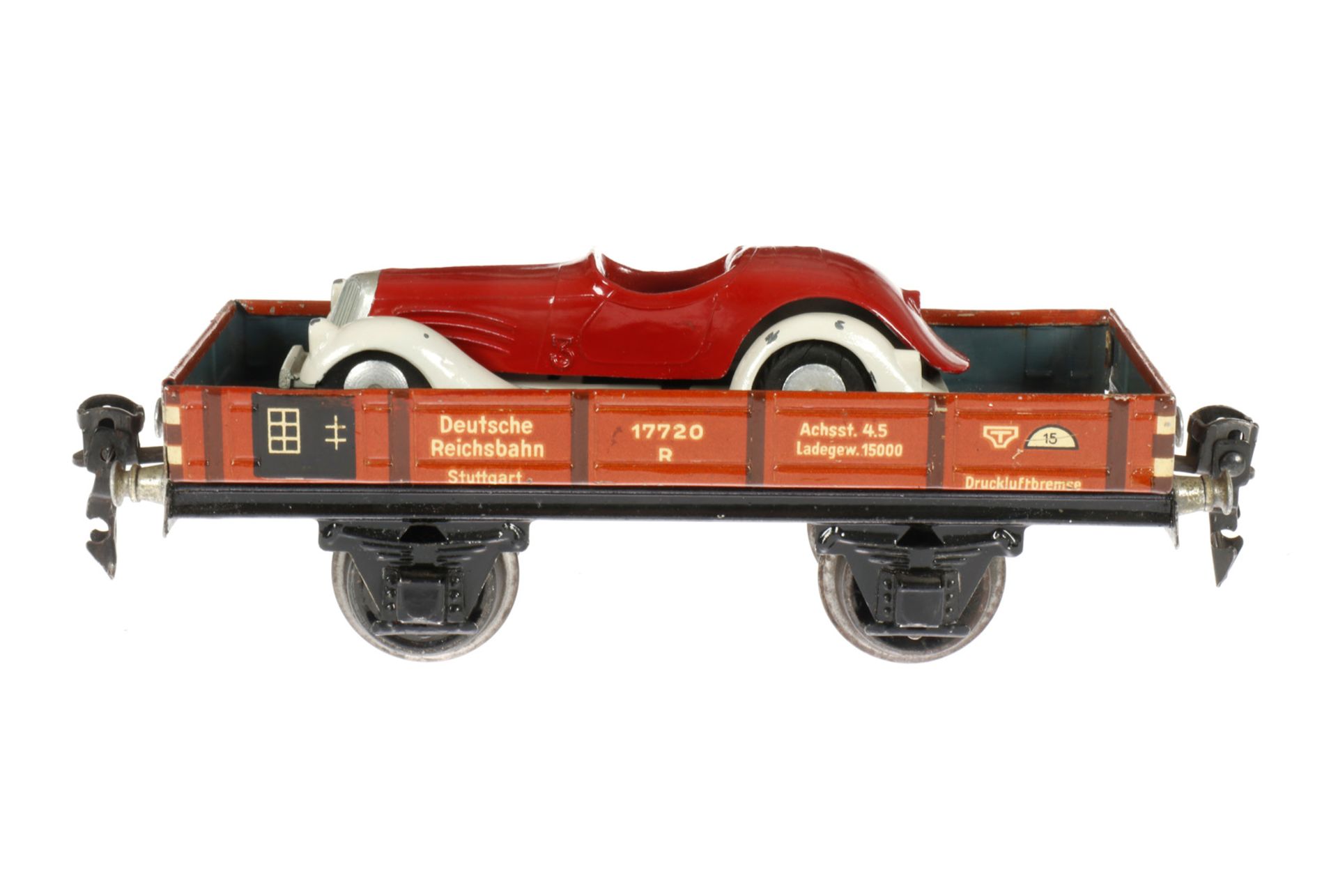 Märklin Niederbordwagen 1764, S 0, mit Märklin Guss-Rennwagen (ÜL), ohne Blecheinsatz, L 16,5, Z 3