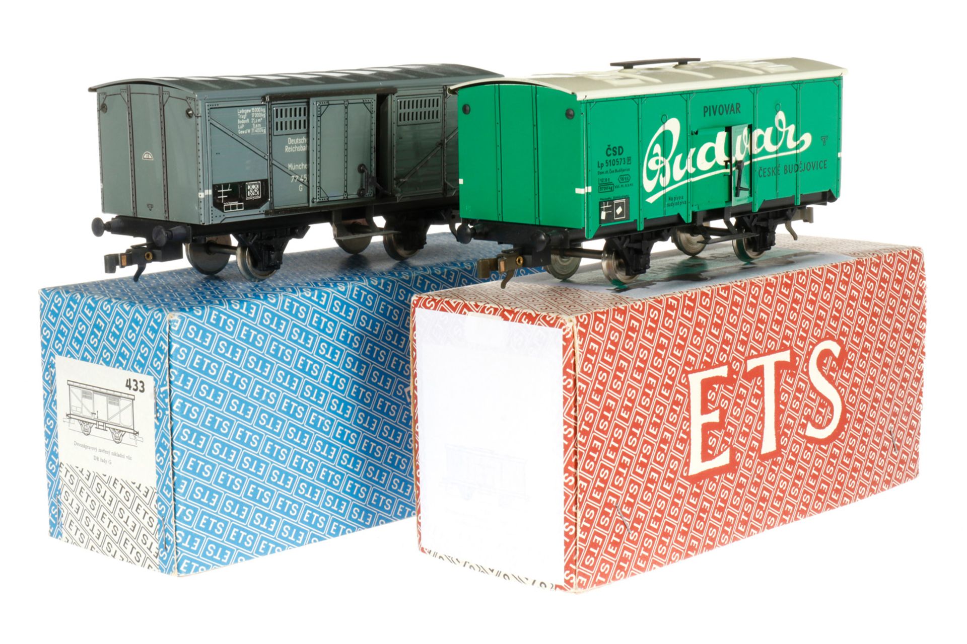 2 ETS gedeckte Güterwagen Nr. 433 und ”Budvar”, S 0, L 19,5, Originalkarton, Z 1-2