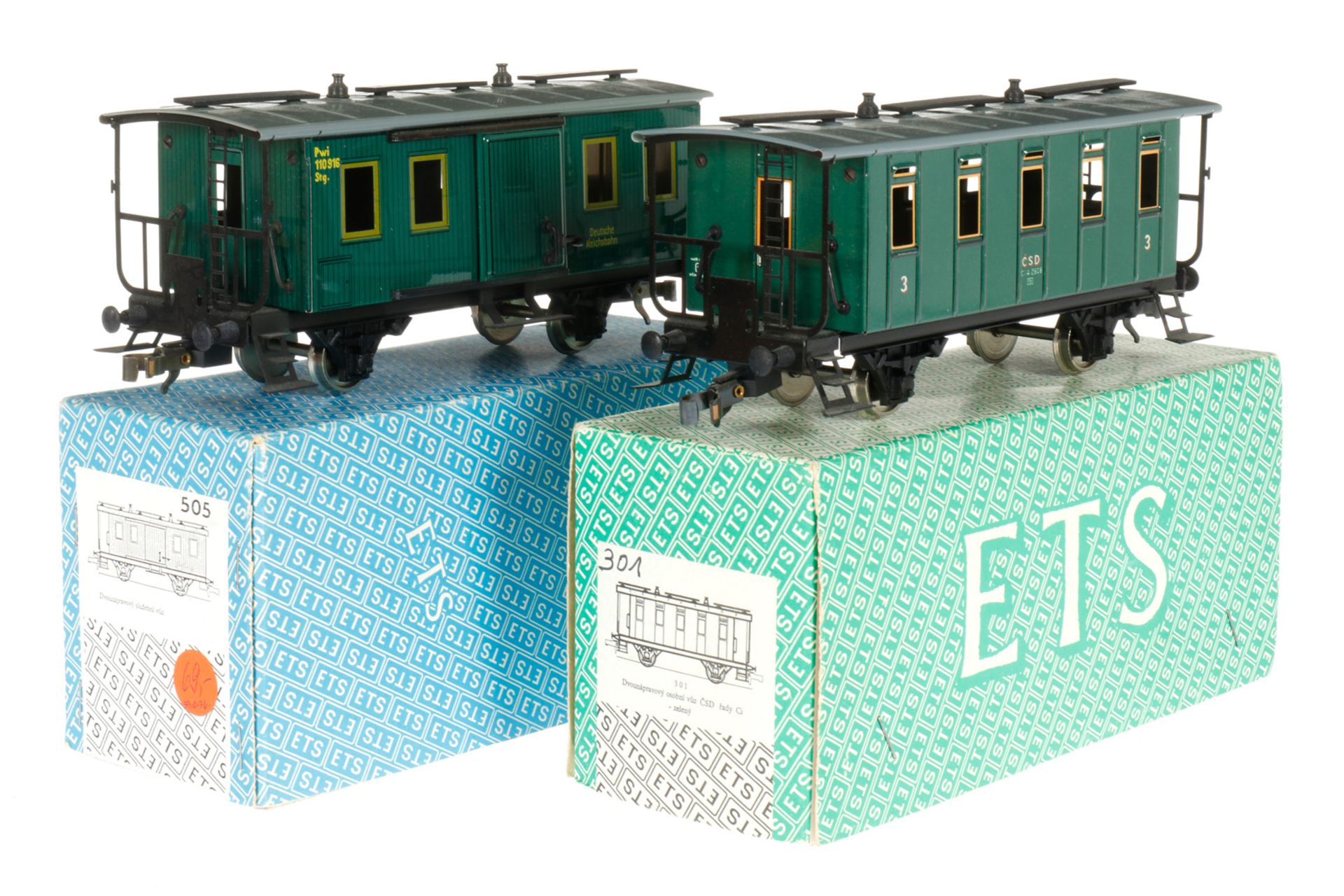 2 ETS Personen- und Packwagen Nr. 505 und 301, S 0, L 21,5, je im OK, Z 1-2