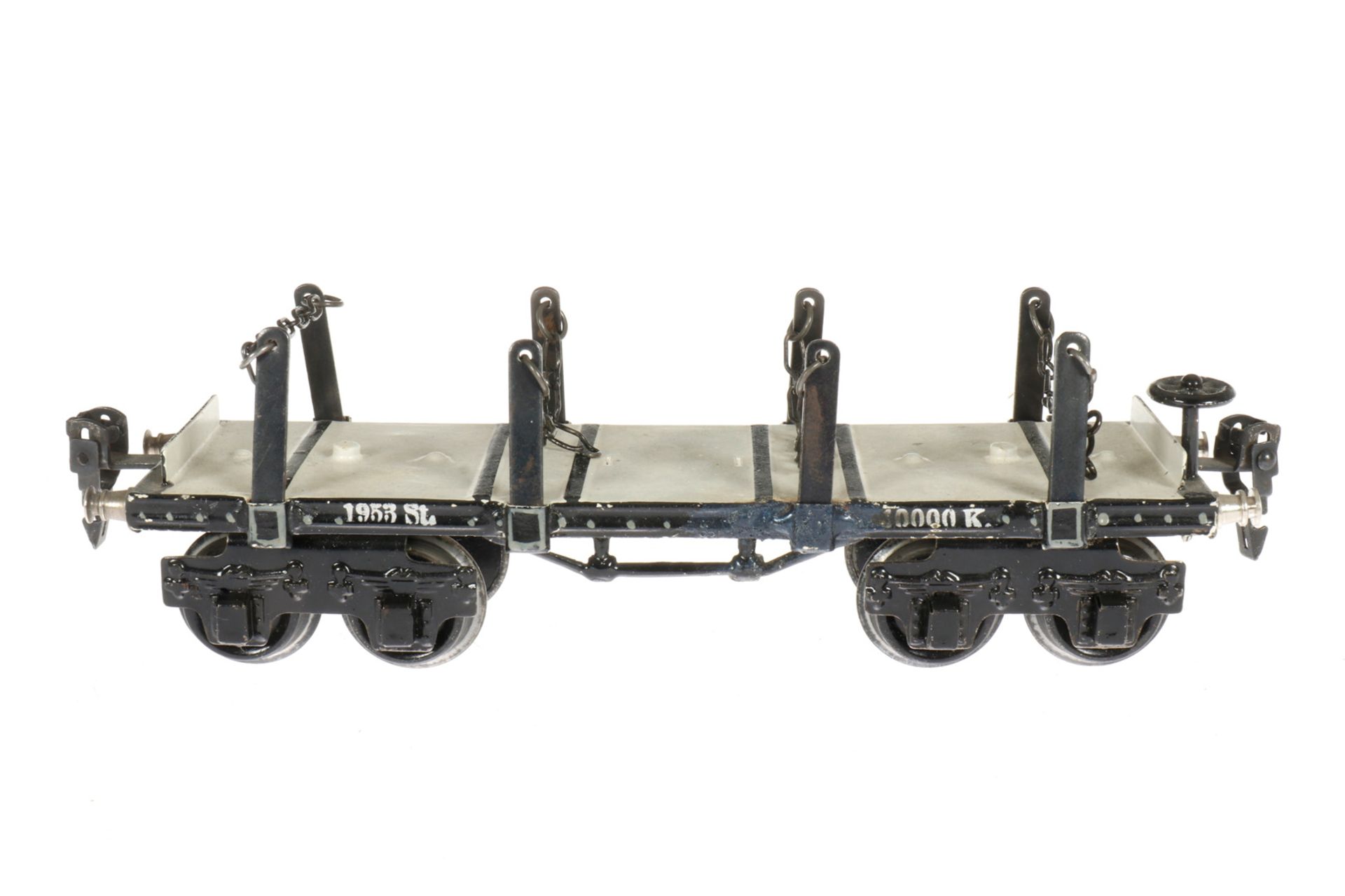 Märklin Rungenwagen 1953, S 0, handlackiert, mit Rungen und Ketten, 4A, 1 Rungenaufnahme gelötet,