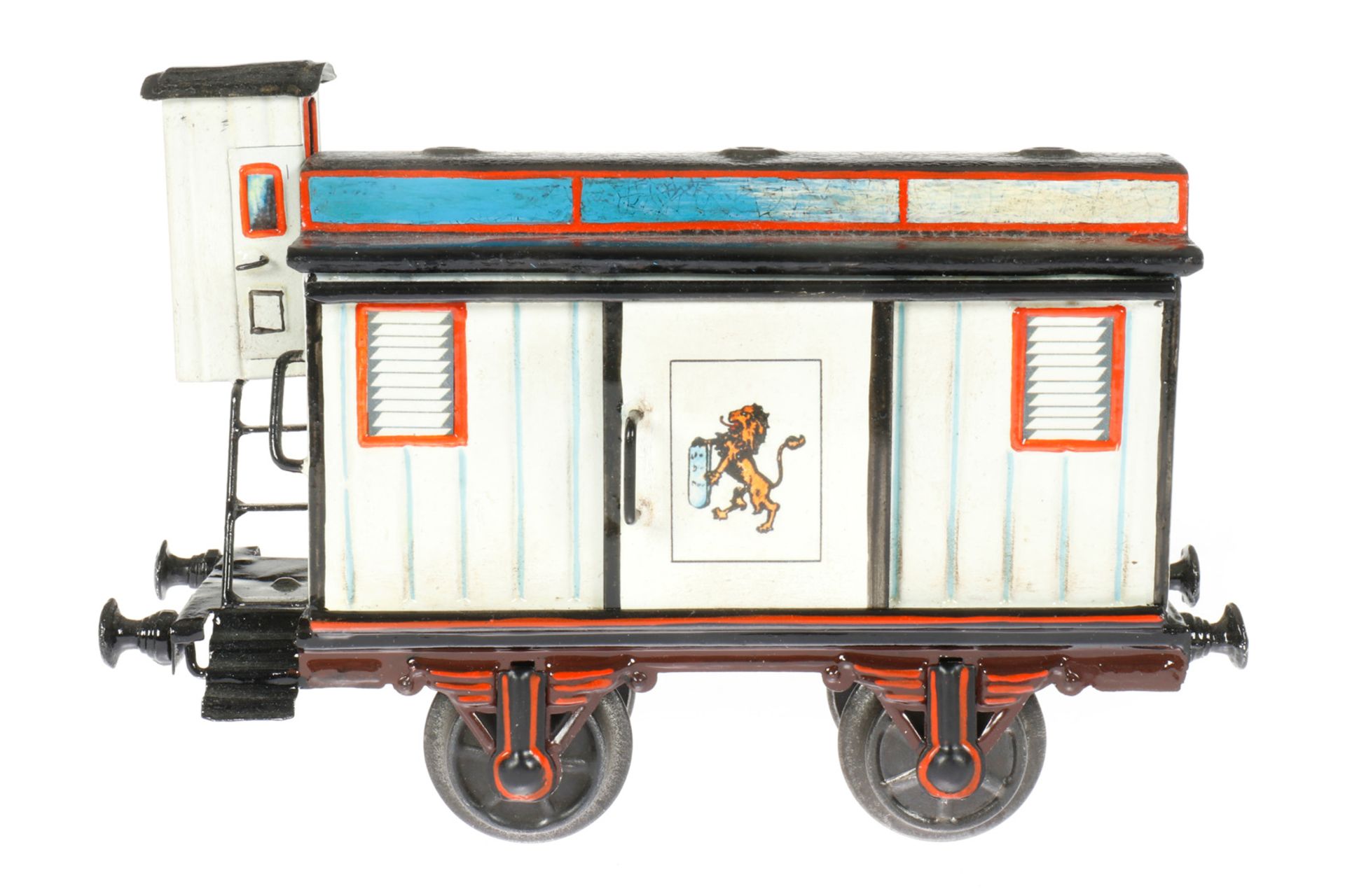 Märklin Bierwagen 1907 ”Löwenbräu”, S 1, uralt, handlackiert, Bremserhaus hochstehend, Dach