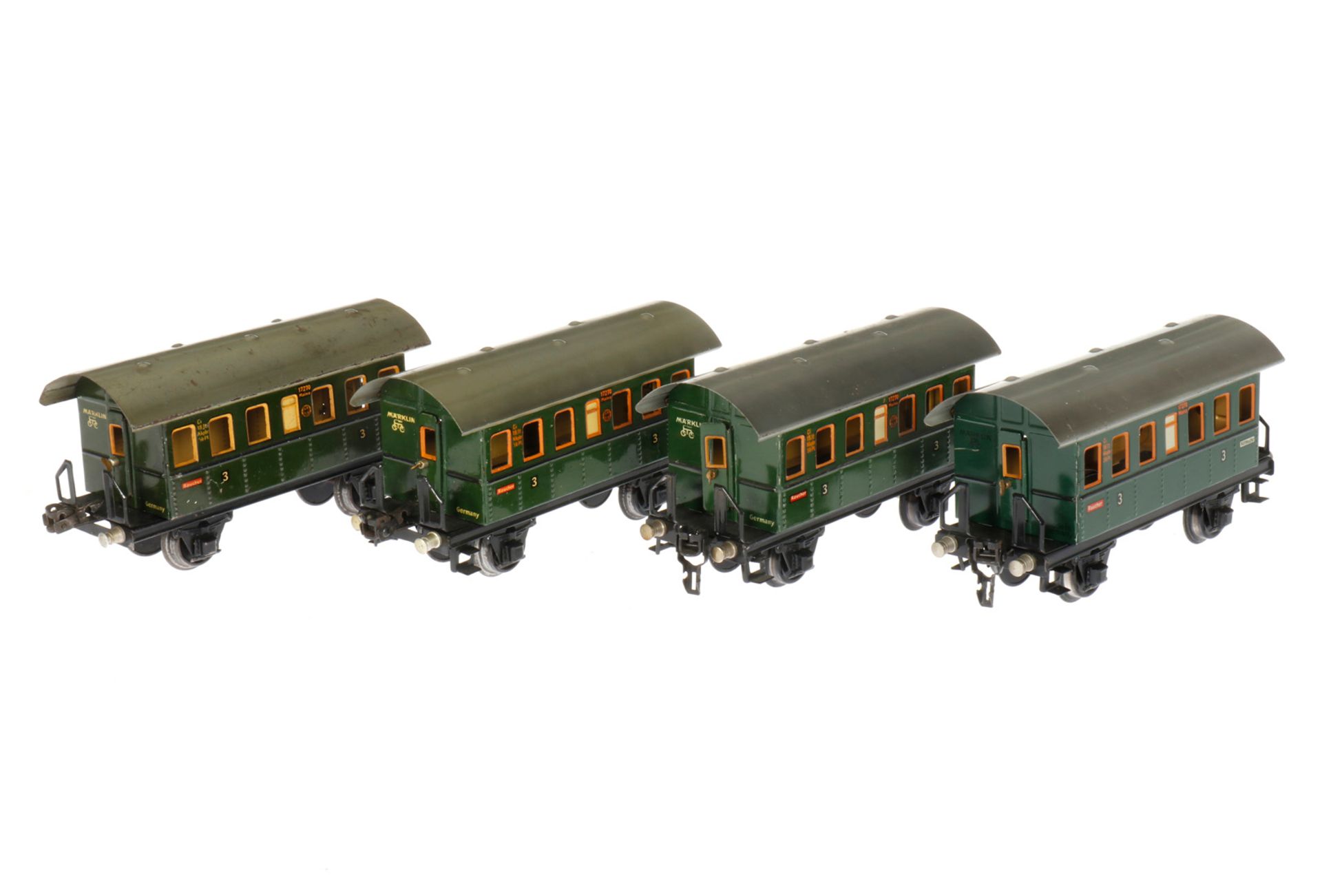 4 Märklin Personenwagen 1727, S 0, Chromlithographie, leichte Gebrauchsspuren, L 18,5, 1 Dach LS,