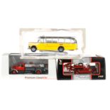 3 Modellautos, 1:43 Guss, Postbus, Gasolin-LWK und alte Feuerwehr, teilweise in Original-Verpackung