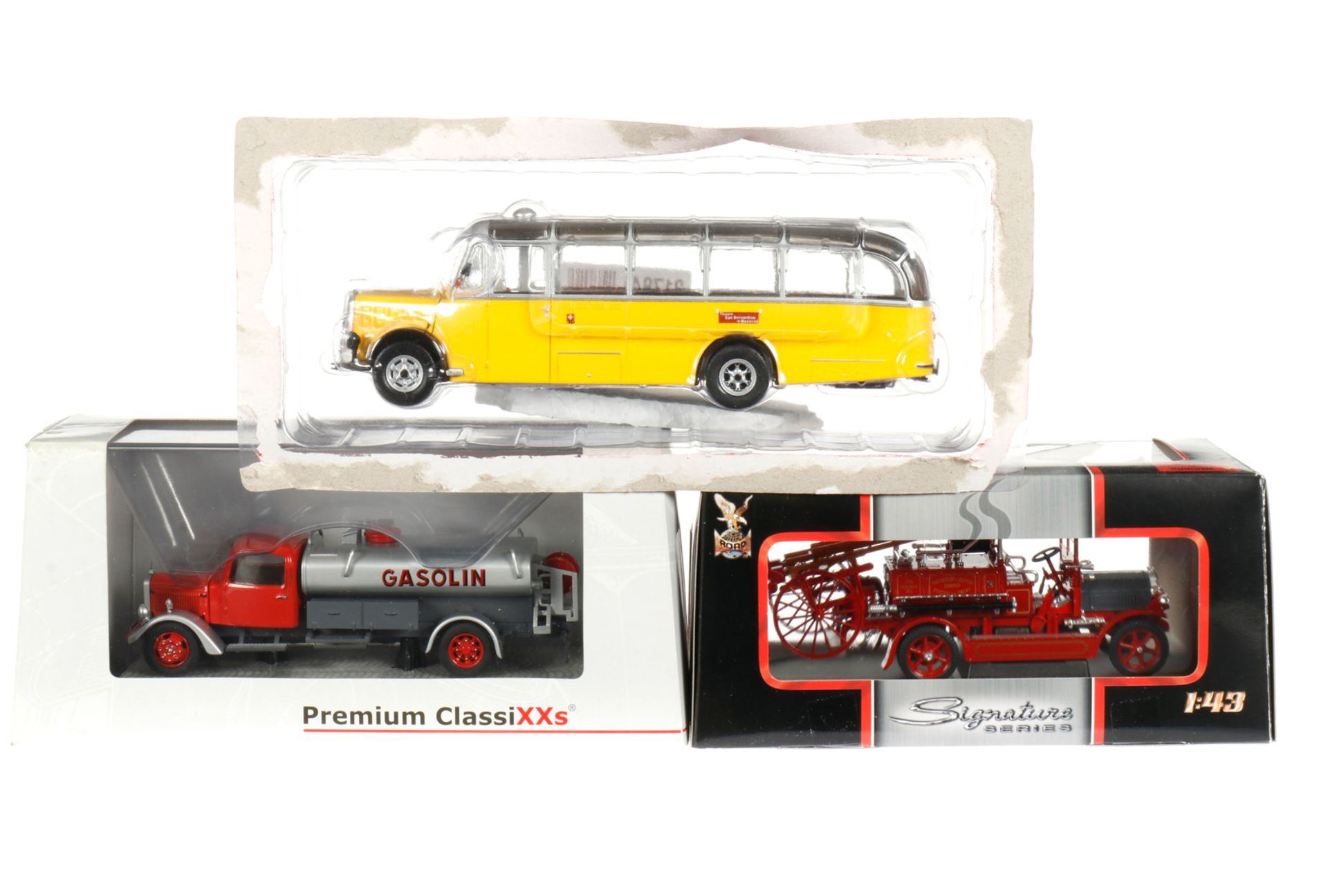 3 Modellautos, 1:43 Guss, Postbus, Gasolin-LWK und alte Feuerwehr, teilweise in Original-Verpackung