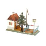 Märklin Bahnwärterhaus mit Schranke, Baum und Signal, handlackiert, mit Bahnbedienstetem, Sockel