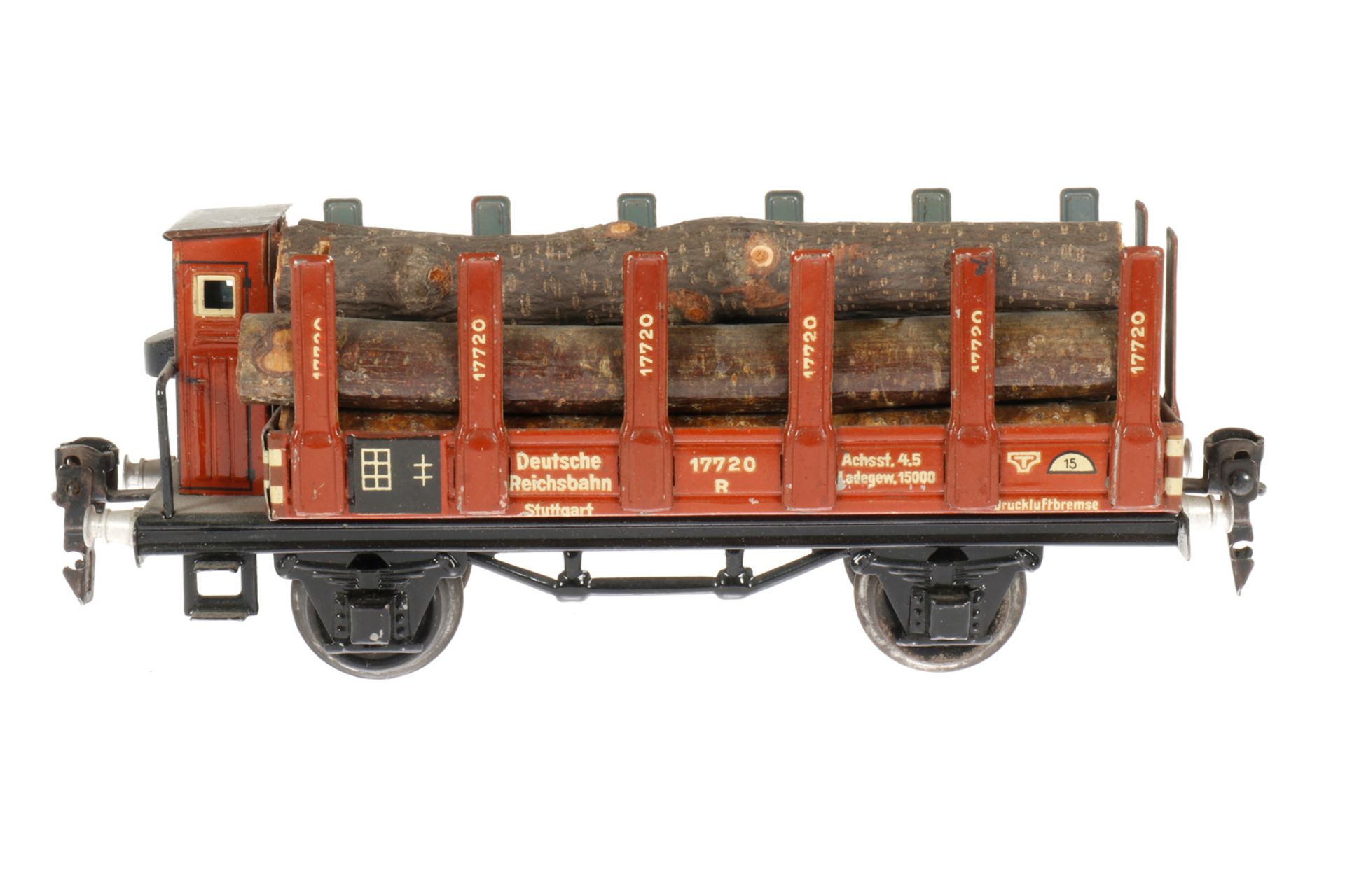 Märklin Rungenwagen 1772, S 0, Chromlithographie, mit Ladung und BRH, L 18,5, Z 2