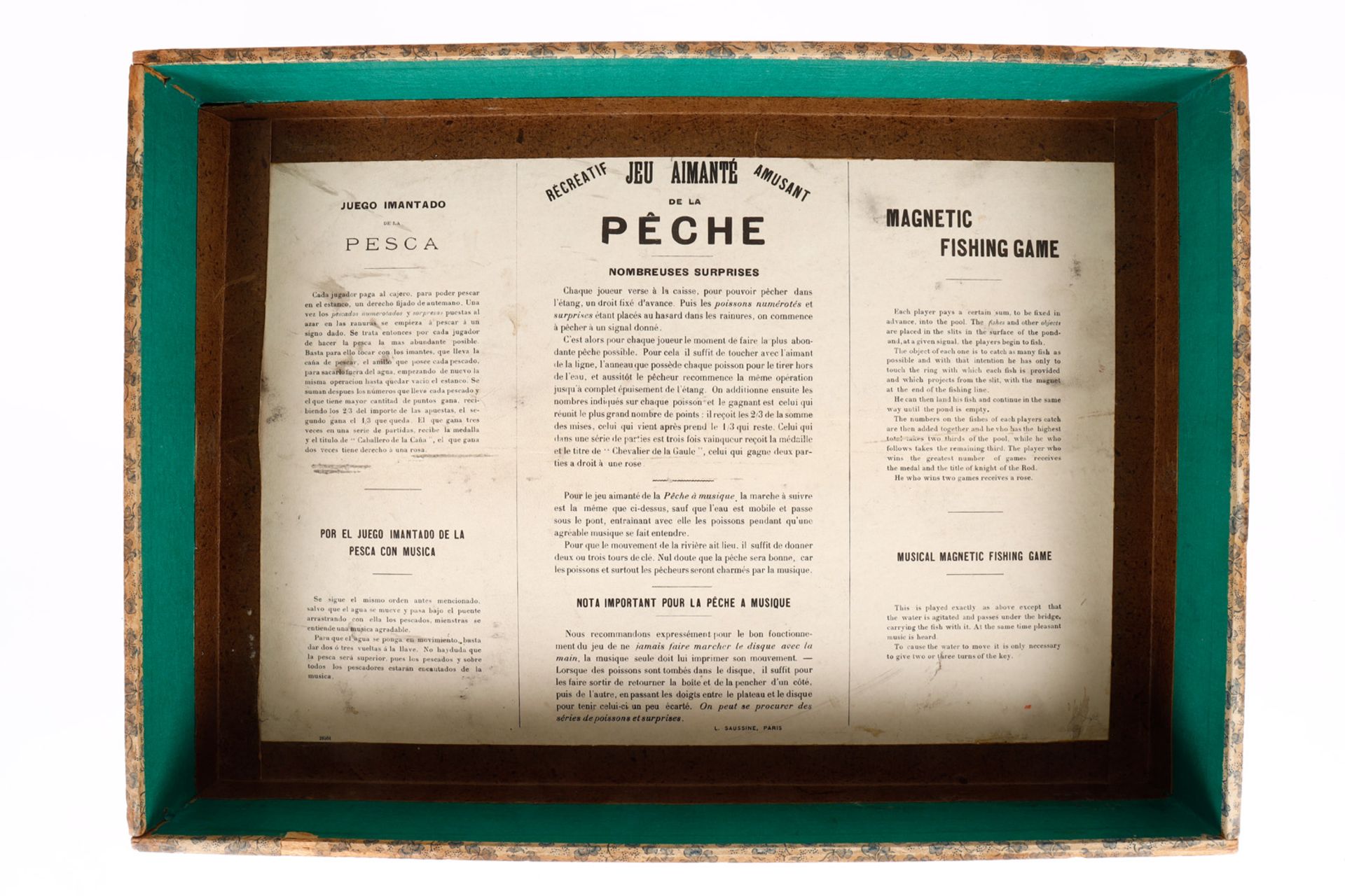 Saussine magnetisches Angelspiel, Paris ”Jeu de la Peche”, um 1900, mit Spieluhr, Brücke, - Bild 4 aus 4
