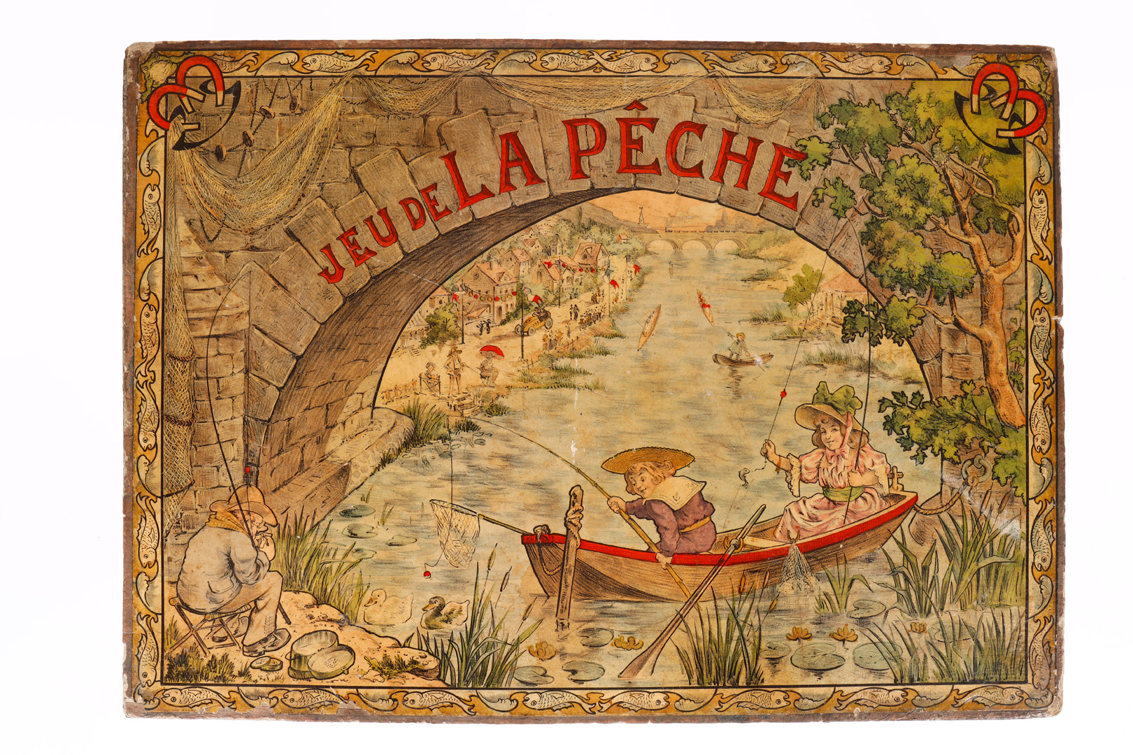 Saussine magnetisches Angelspiel, Paris ”Jeu de la Peche”, um 1900, mit Spieluhr, Brücke, - Image 3 of 4