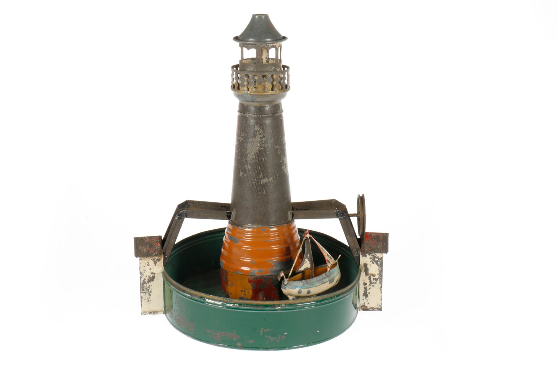 Antriebsmodell Leuchtturm mit Segelschiff, uralt, HL, tw starker Lackverlust, H 33, sonst Z 2-3,