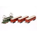 Eisenbahnzug, Spur 0, elektr., 2-Leiter, mit E-Lok und 3 Wagen, Holz/Metall, HL, Alterungsspuren,