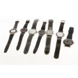 Konv. 7 Armbanduhren mit Lederband, Quarz, z.B. Braun, Rowenta, FSL, Regent etc., 3 mit Datum,