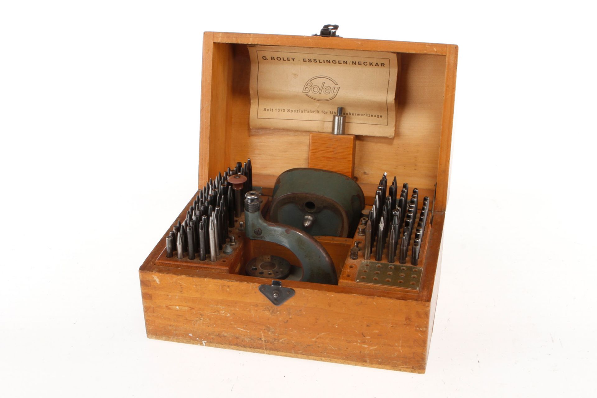 Boley Triebnietmaschine, mit Zubehör und Anleitung in Holzkiste, für Uhrmacherwerkstatt, L 21