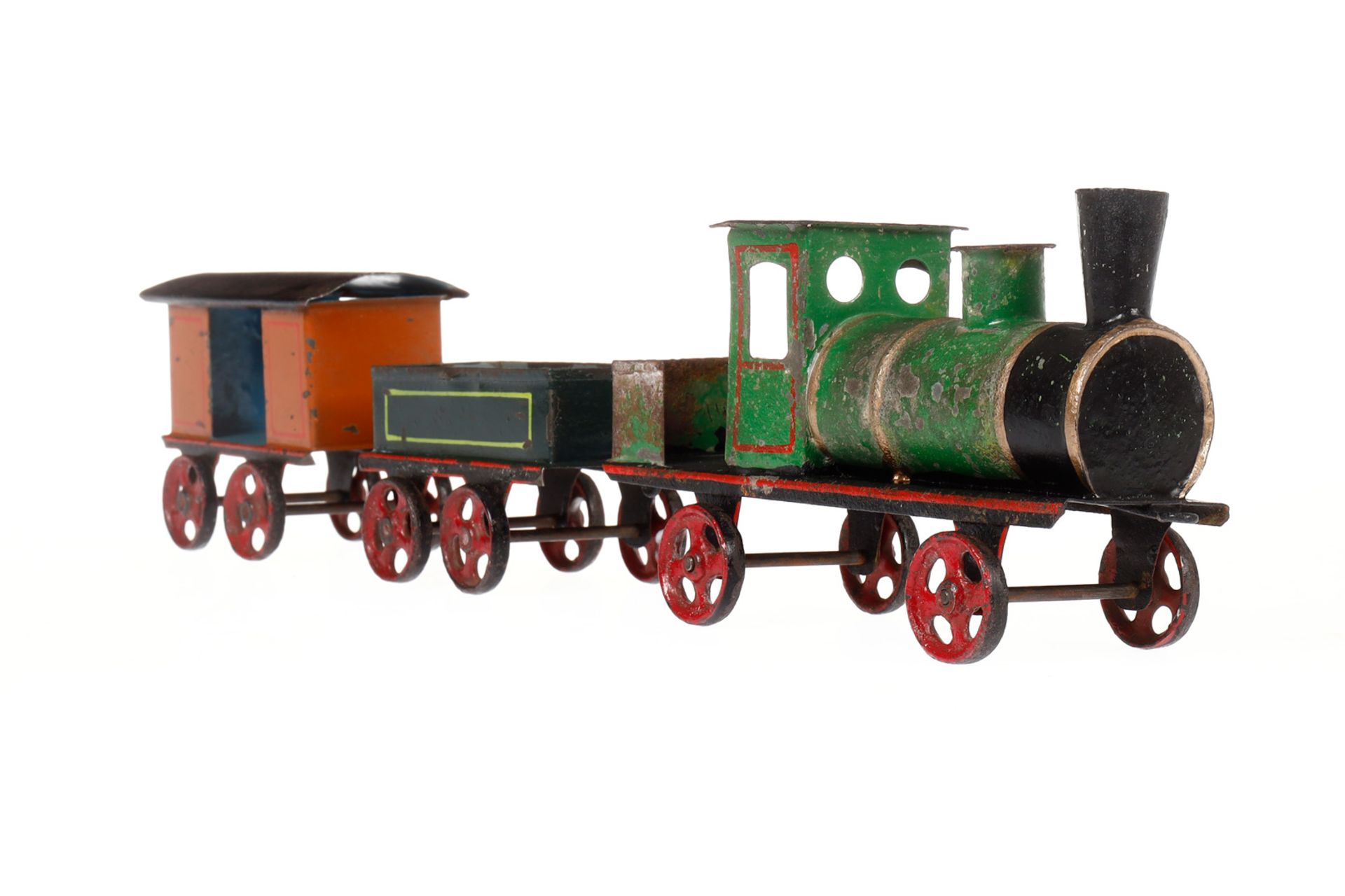 Sehr früher Bodenläuferzug, Spurweite 50 mm, Lok mit Tender und 2 Güterwagen, Gussräder, Lok tw - Image 3 of 6