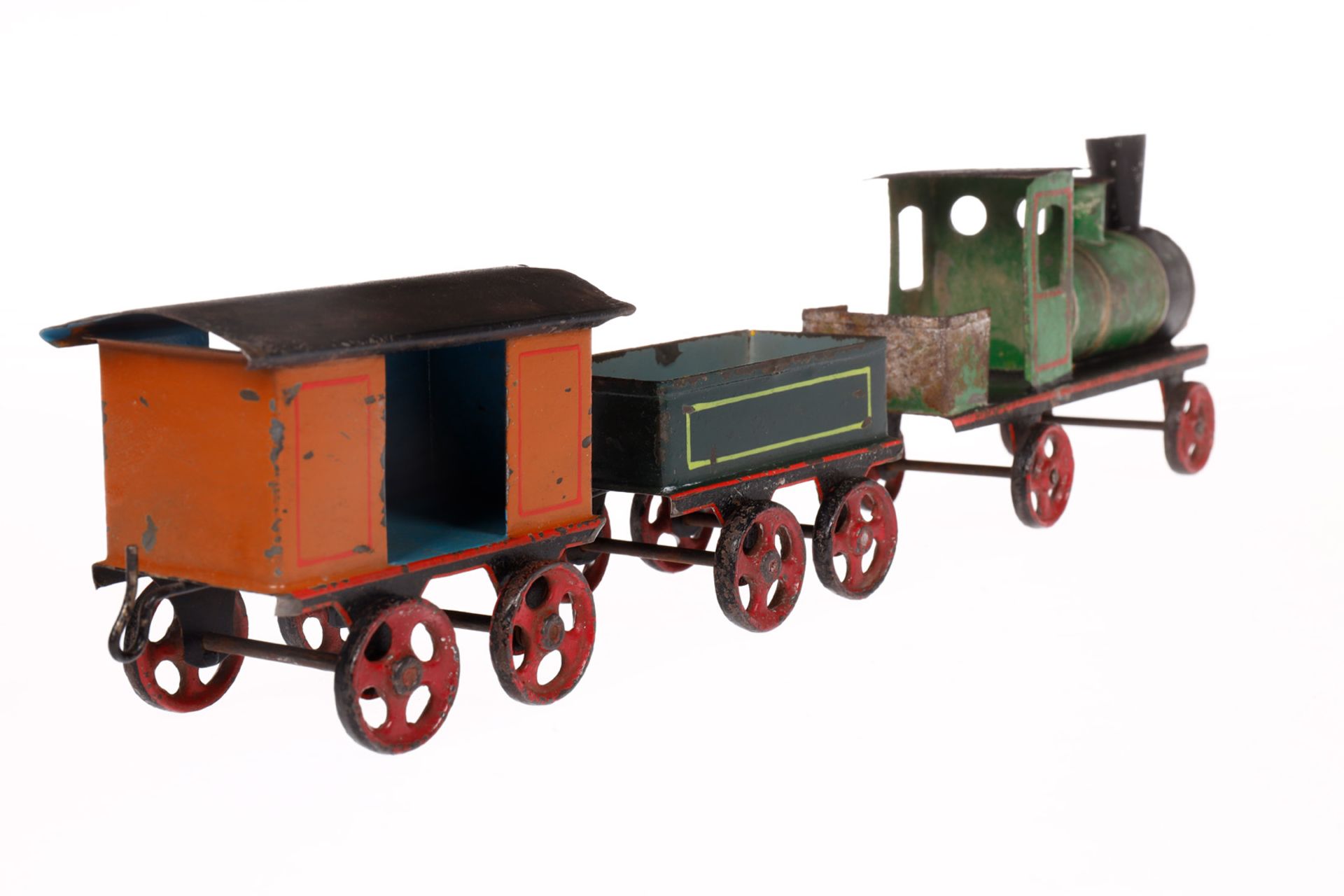 Sehr früher Bodenläuferzug, Spurweite 50 mm, Lok mit Tender und 2 Güterwagen, Gussräder, Lok tw - Image 2 of 6