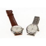 2 Bergmann Herrenarmbanduhren ”1960”, mit Datum, Edelstahl- und Lederband, Gebrauchsspuren,