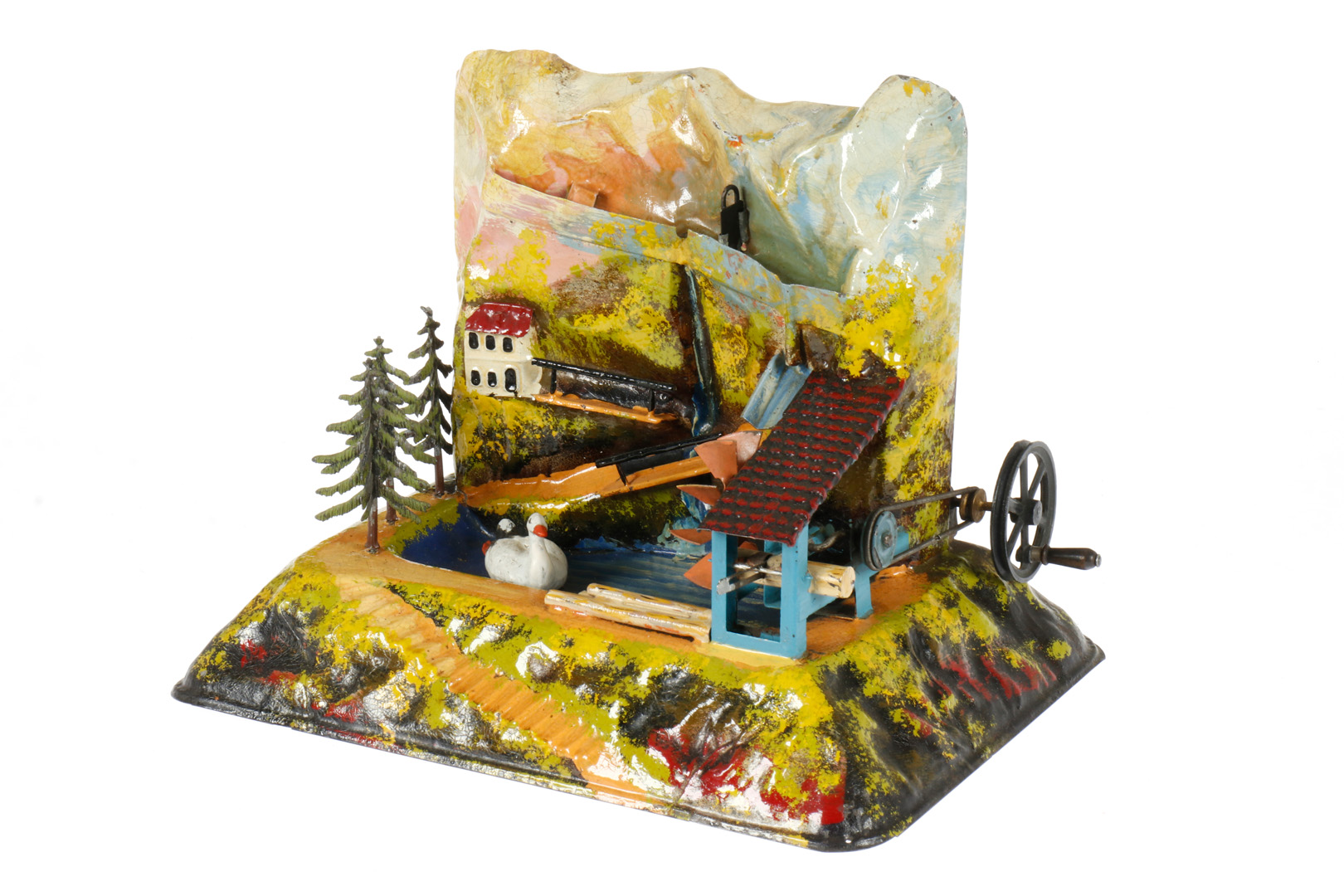 Bing Antriebsmodell Bergdiorama, mit Wasserrad, Baumstammsäge, See und Ente, uralt, HL, L 27,