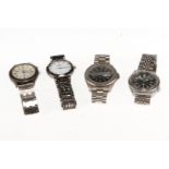 4 Armbanduhren, Quarz, ”Skyline”, ”Denacci”, ”Miltec” und ”Prätina”, 3 mit Datum, Gebrauchsspuren,