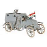 Pinard Militärwagen mit MG und Fahrerfigur, uralt, HL, gummibereift, intakt, mit Bremse,